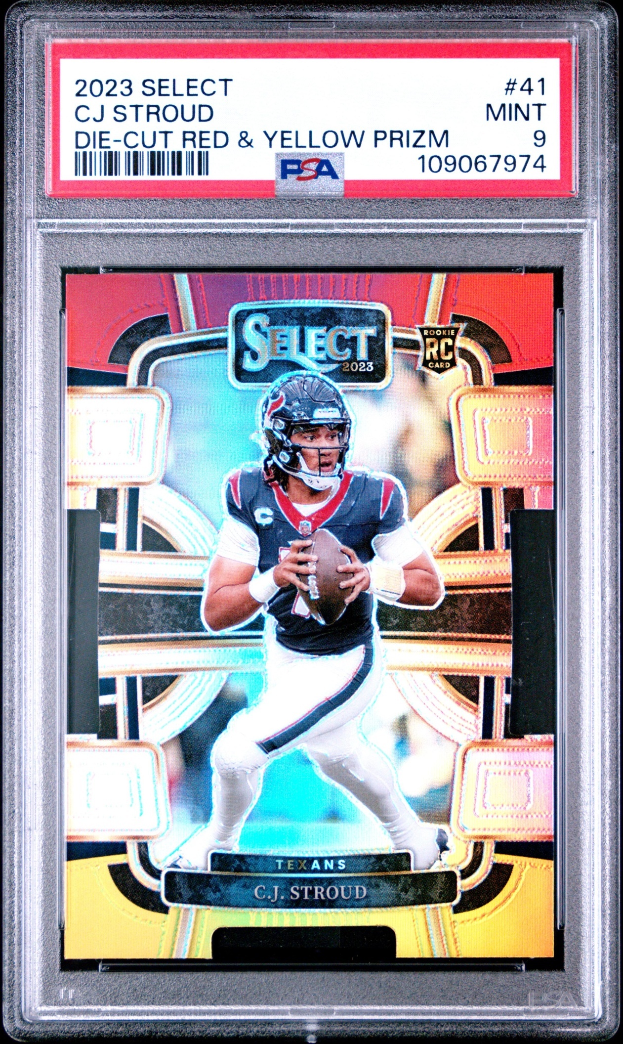 Card image for 2023 Panini Select C.J. Stroud Red and Yellow Prizms Die Cut #41 RC Concourse Texans
