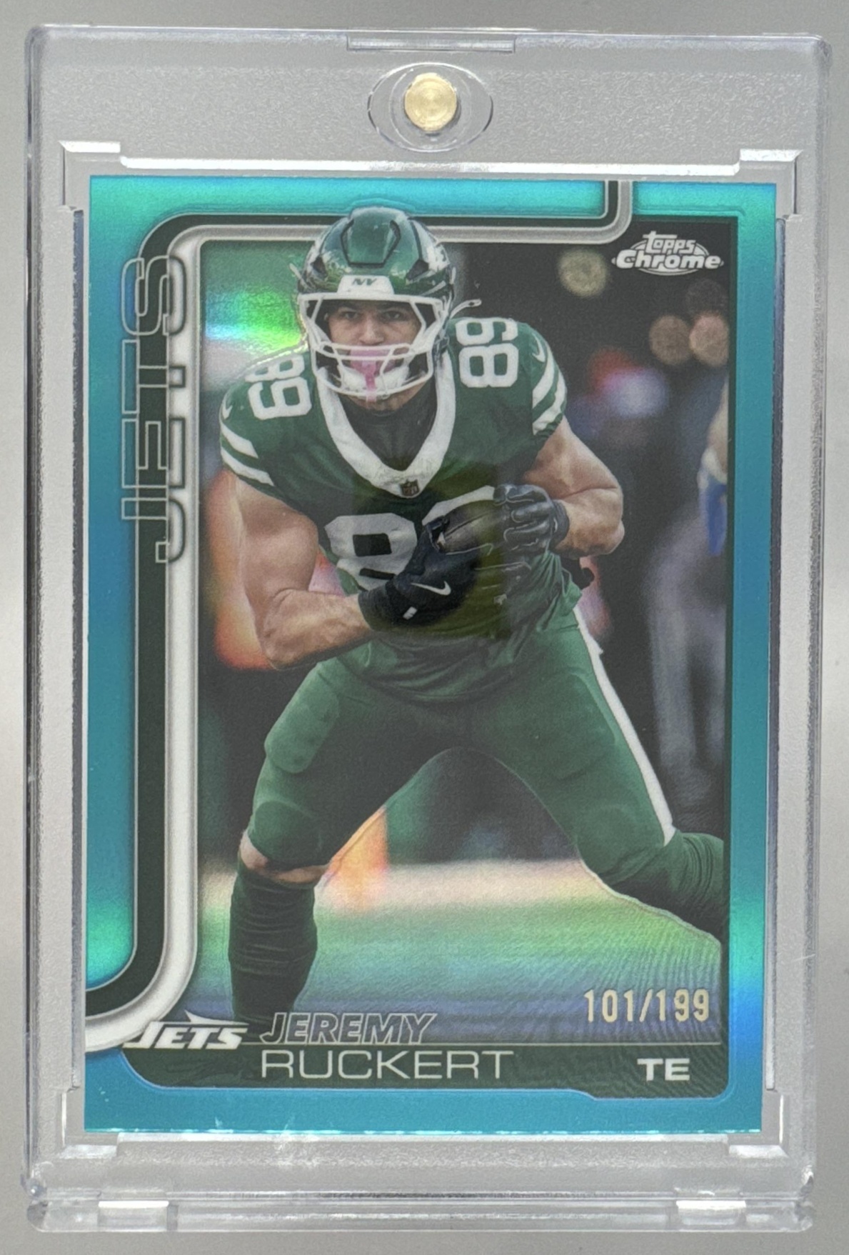 Card image for 2025 Topps Football Chrome Jeremy Ruckert Aqua Refractor /199 #239 New York Jets