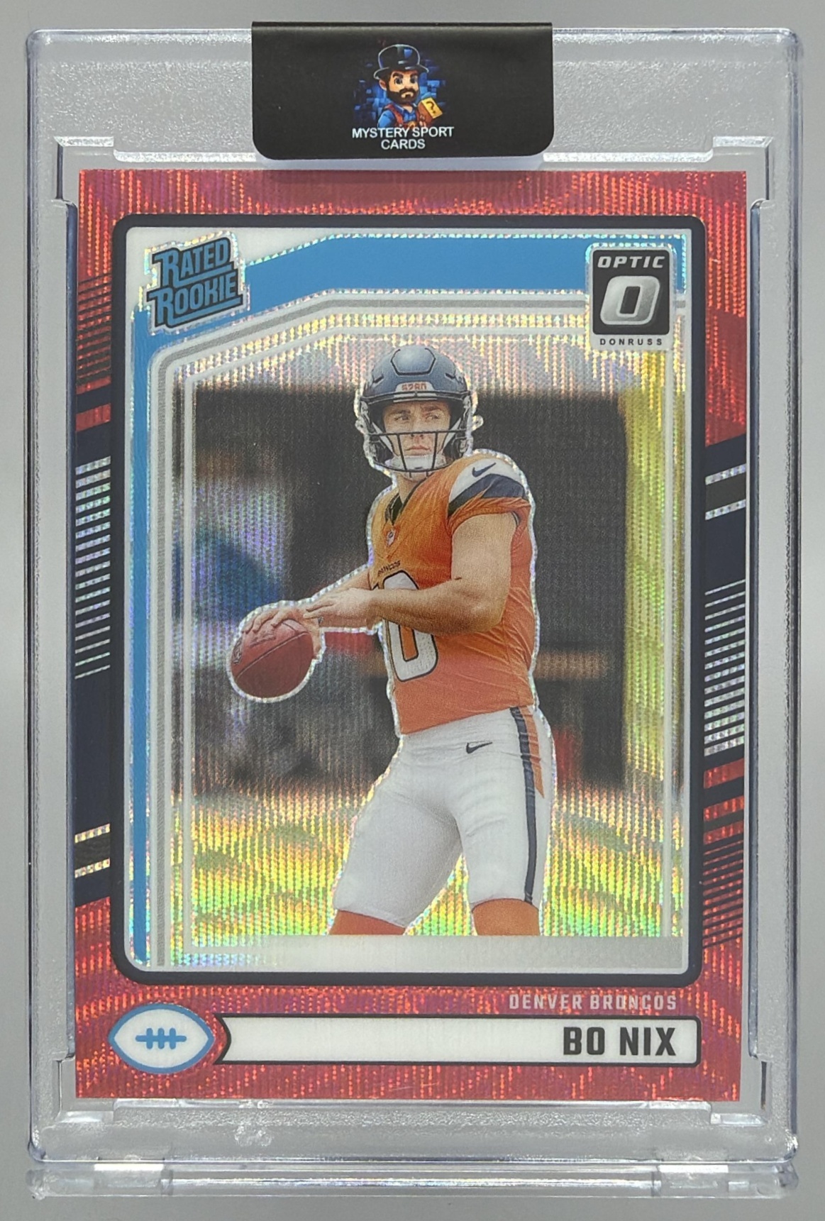 Card image for 2024 Panini Donruss Bo Nix Optic Rated Rookie Preview Red Wave #369 Broncos