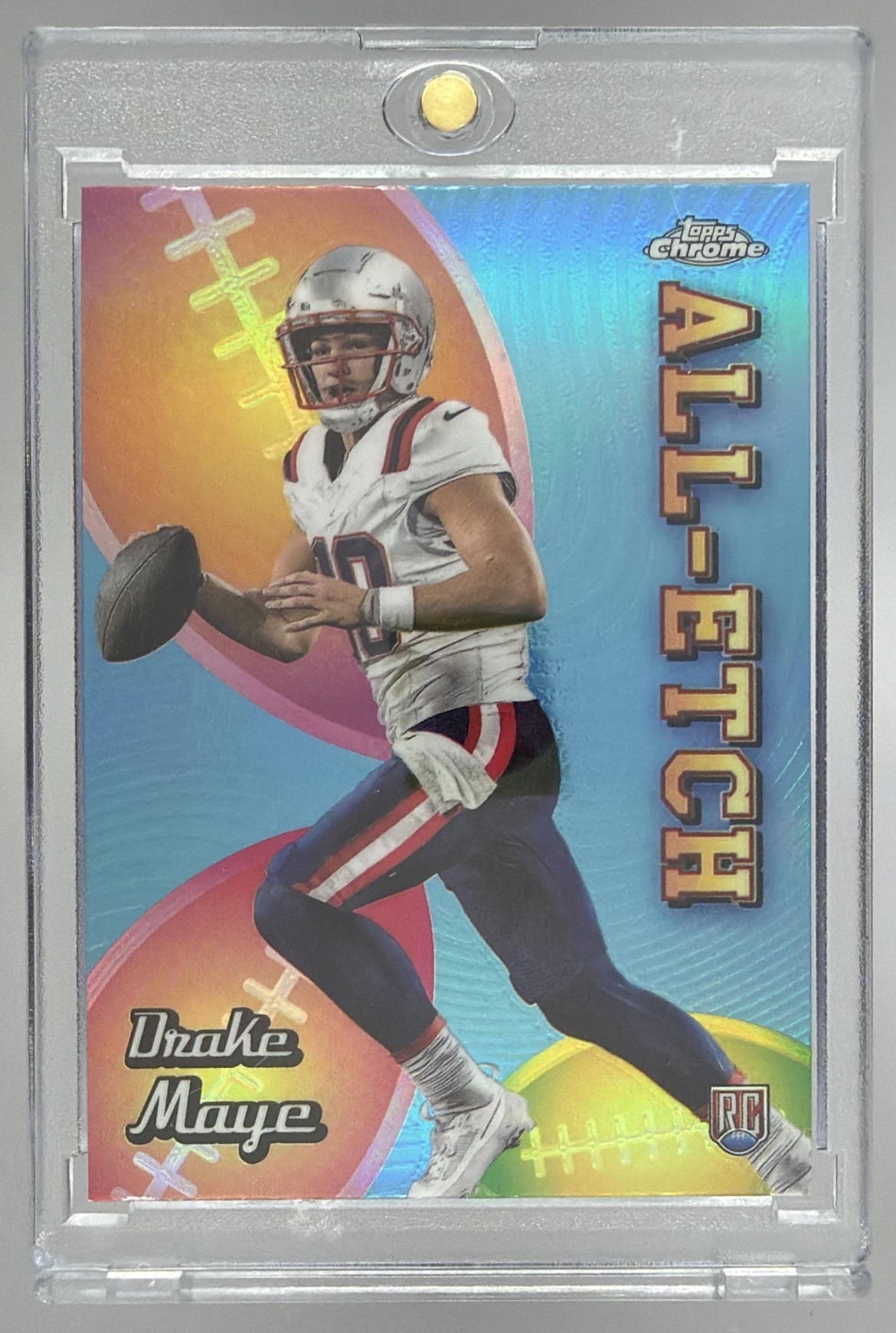 Card image for 2024 Topps Chrome Drake Maye All-Etch Refractor #CAE-DM RC Patriots