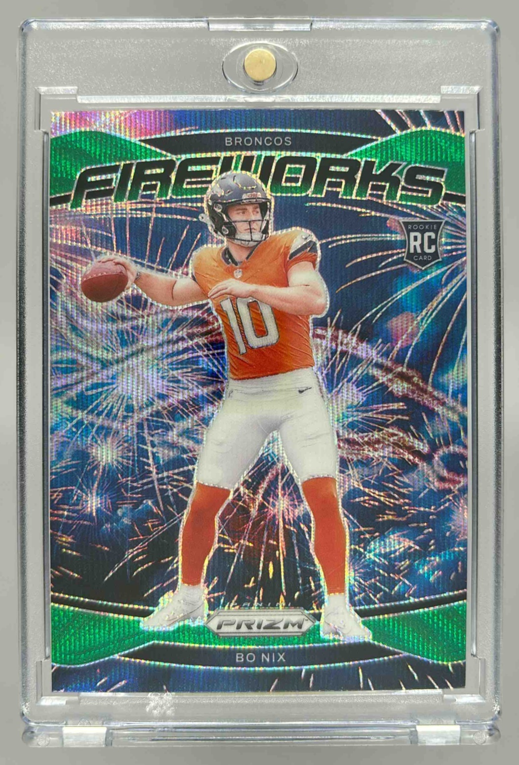 Card image for 2024 Panini Football Prizm Bo Nix Fireworks Green Wave #23 RC Denver Broncos