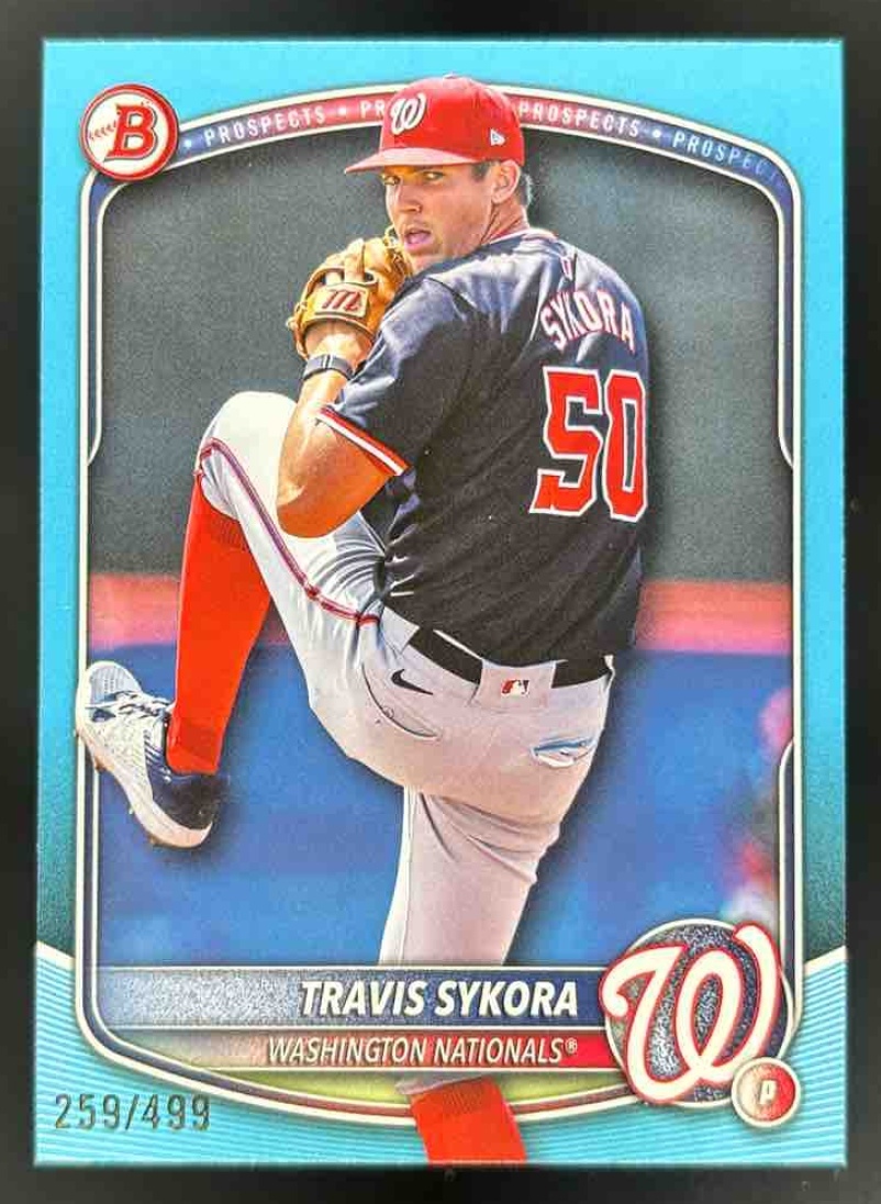 Card image for 2025 Bowman Draft Travis Sykora Sky Blue Border /499 #BD-137 Nationals