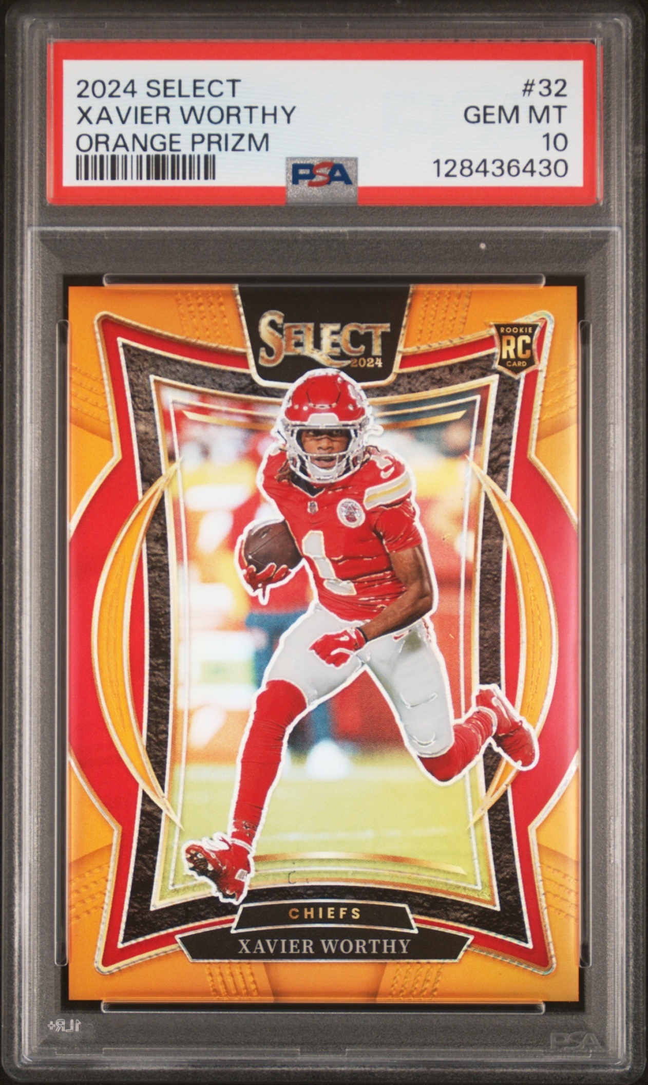 Card image for 2024 Panini Select Xavier Worthy Concourse Orange Prizm /49 #32 RC Chiefs