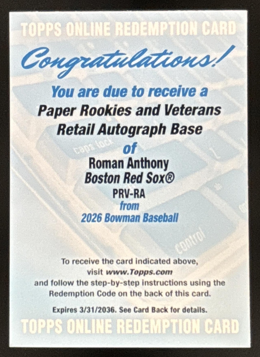 Card image for Roman Anthony 2026 Bowman Rookies & Veterans Retail Auto Boston Red Sox