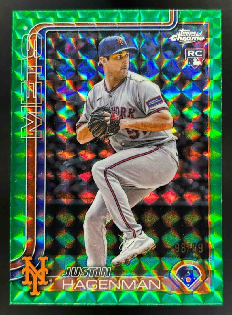 Card image for 2025 Topps Chrome Update Justin Hagenman Green Geometric Refractor /99 RC