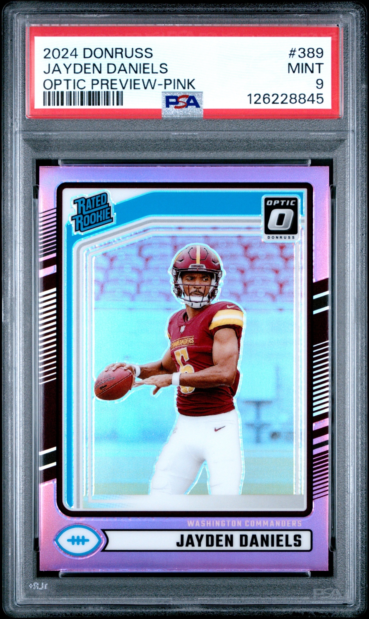 Card image for 2024 Panini Donruss Jayden Daniels Optic Rated Rookie Preview Red and Green #389 Commanders