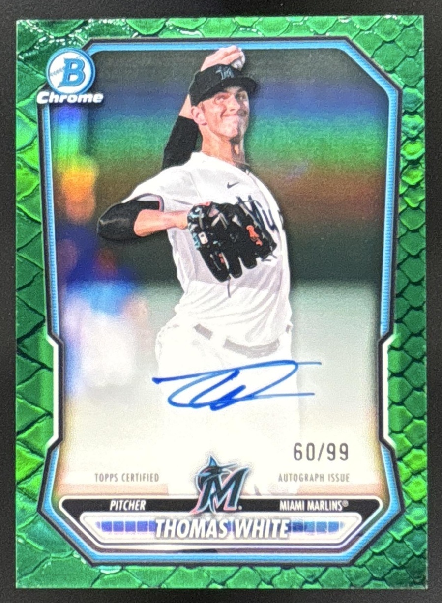 Card image for 2026 Bowman Thomas White Chrome Prospect Auto Reptilian Green Refractor /99
