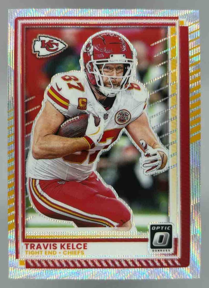 Card image for 2025 Panini Donruss Optic Travis Kelce Wave Prizm /300 #135 Chiefs