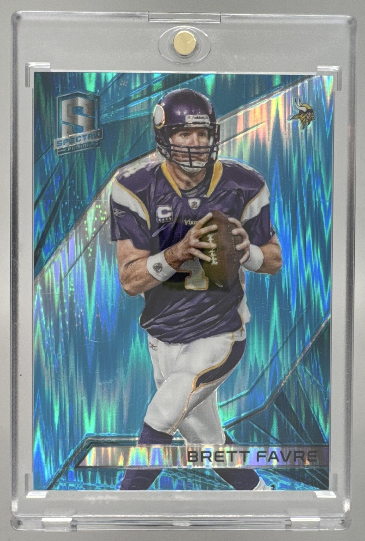 Card image for 2015 Panini Football Spectra Brett Favre Neon Blue /49 #19a Atlanta Falcons
