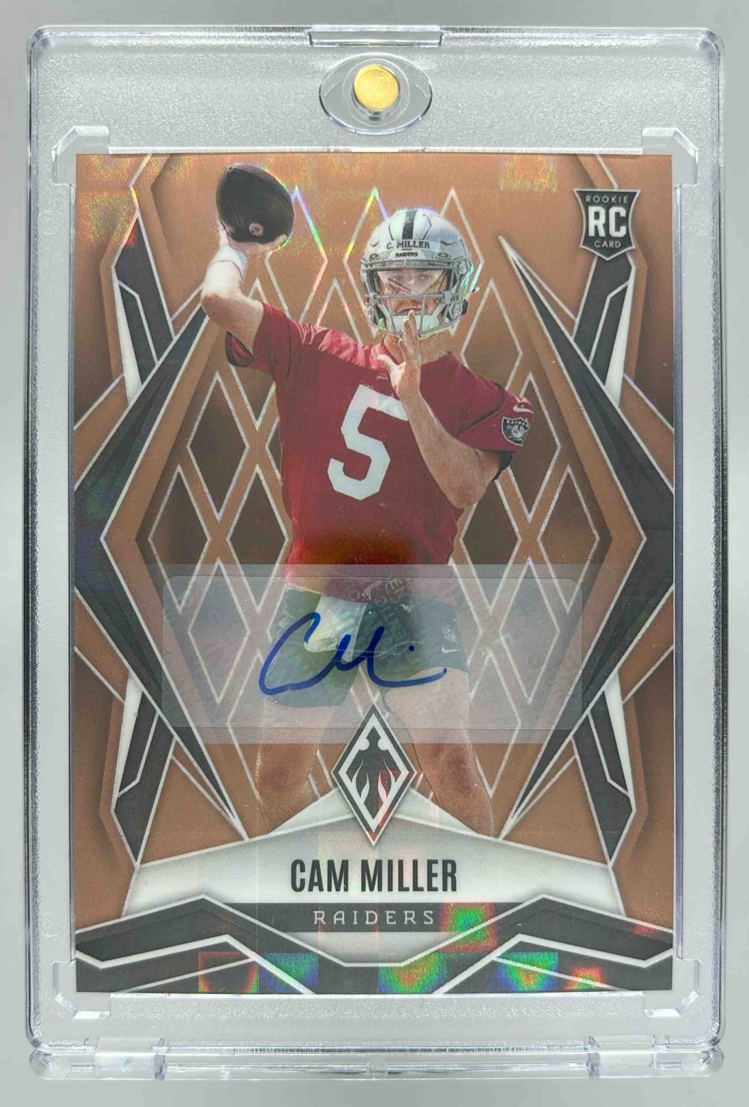 Card image for 2025 Panini Phoenix Cam Miller Rookies Auto Bronze Pandora Prizm /99 #215 RC Raiders