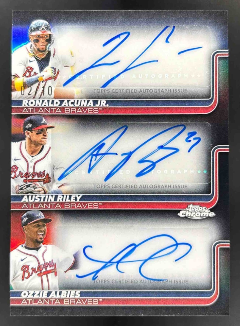 Card image for 2025 Topps Chrome U Ronald Acuna Austin Riley Ozzie Albies Triple Auto Black /10