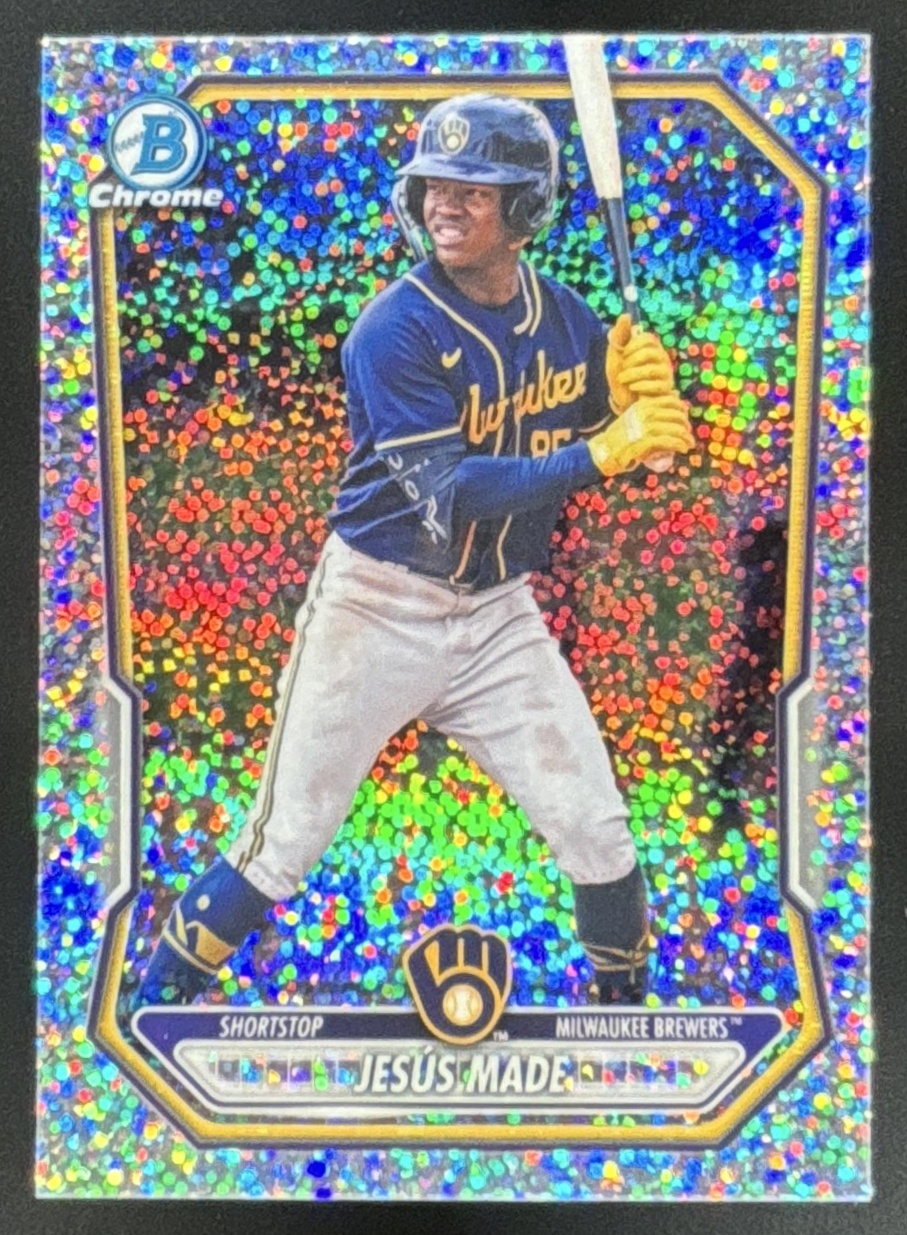 Card image for Jesus Made 2026 Bowman Speckle Refractor /299 Chrome Prospects Milwaukee Brewers
