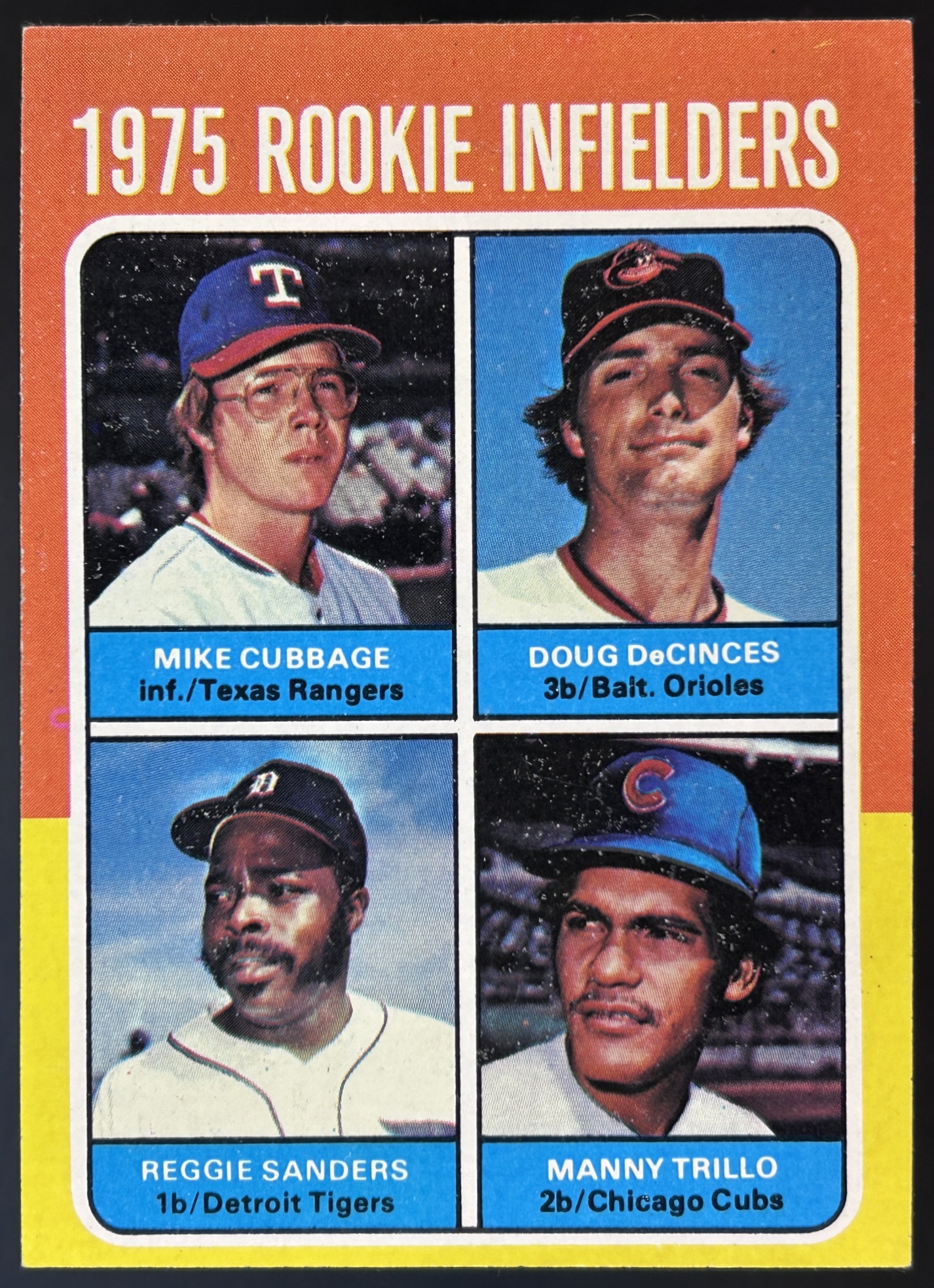 Card image for 1975 TOPPS #617 ROOKIE INFIELDERS DOUG DECINCES MANNY TRILLO MIKE CUBBAGE REGGIE SANDERS #617