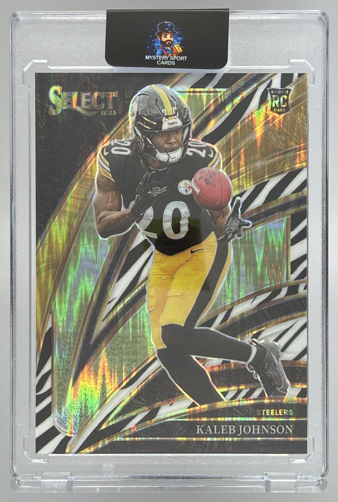 Card image for 2025 Panini Select Kaleb Johnson Club Level Zebra Shock Prizm #252 RC Steelers