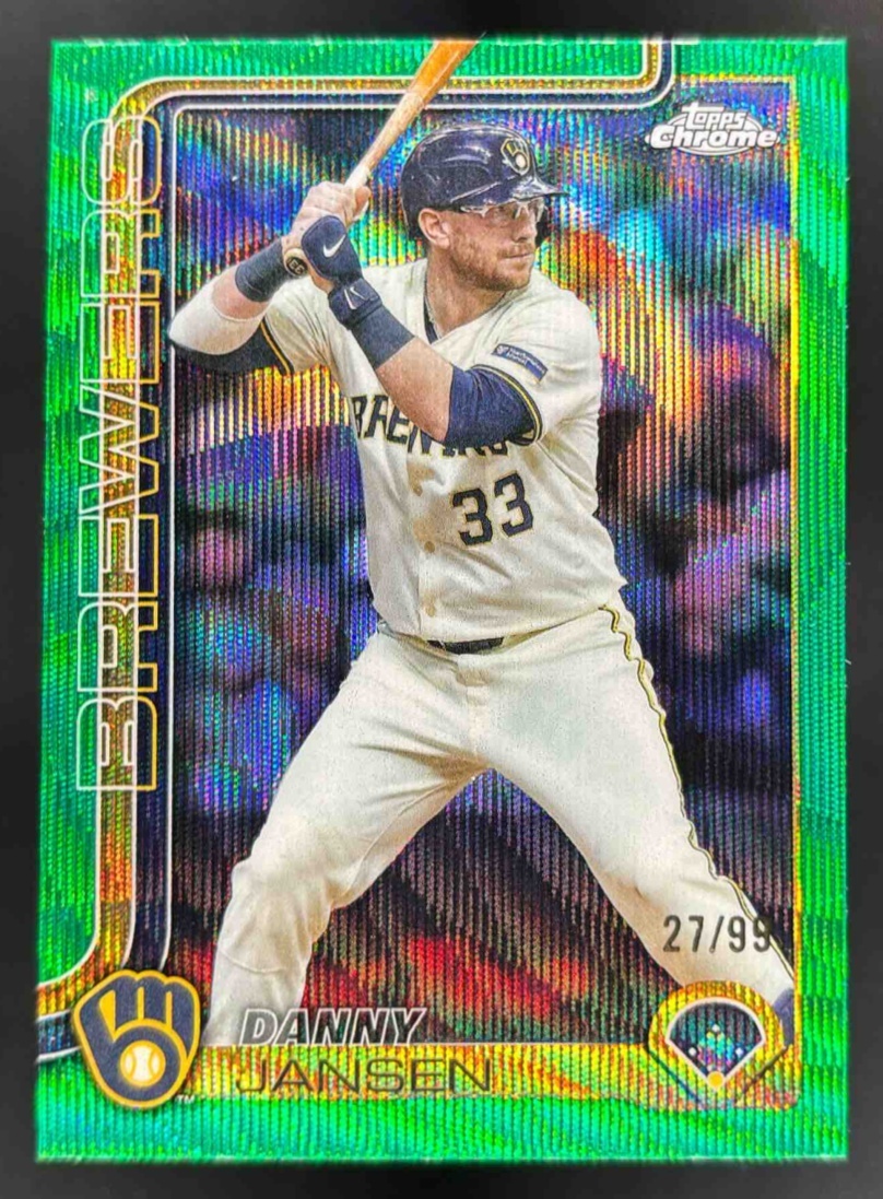 Card image for 2025 Topps Chrome Update Danny Jansen Green Wave Refractor /99 #USC122 Brewers