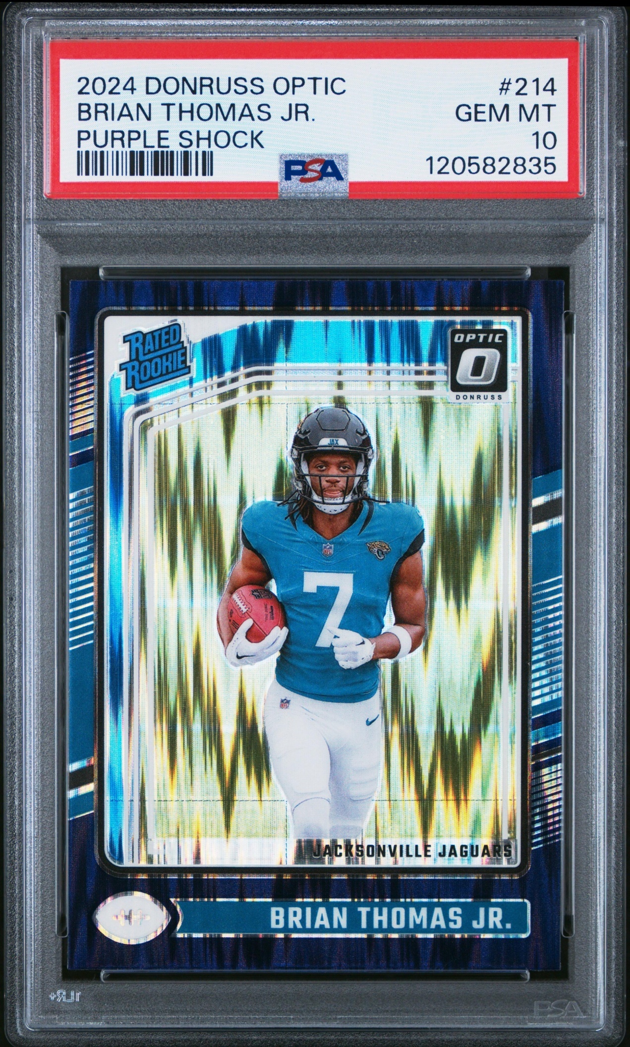 Card image for 2024 Panini Donruss Optic Brian Thomas Jr. Purple Shock #214 Rated Rookie Jaguars