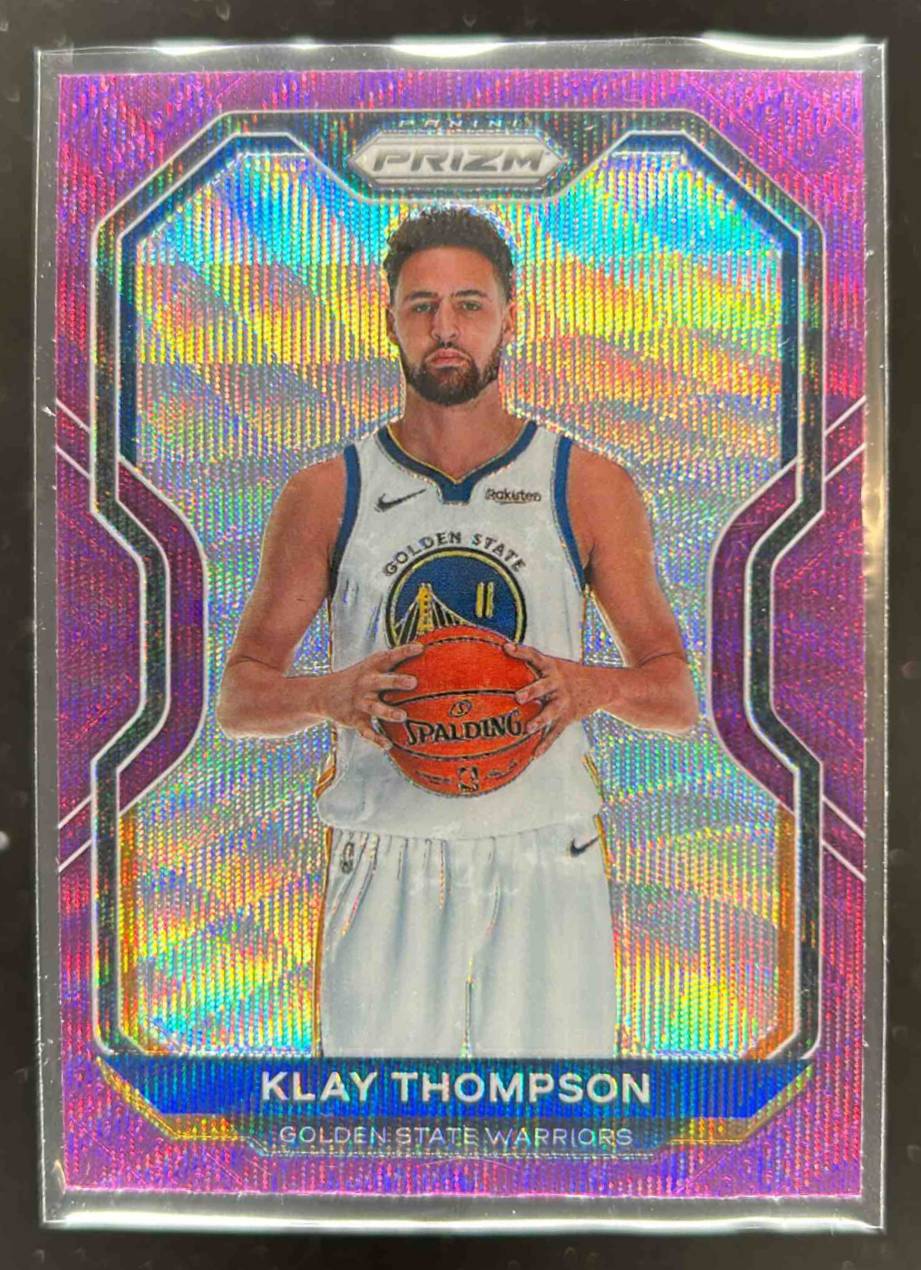 Card image for 2020-21 PANINI PRIZM KLAY THOMPSON PURPLE WAVE PRIZMS #87 GOLDEN STATE WARRIORS