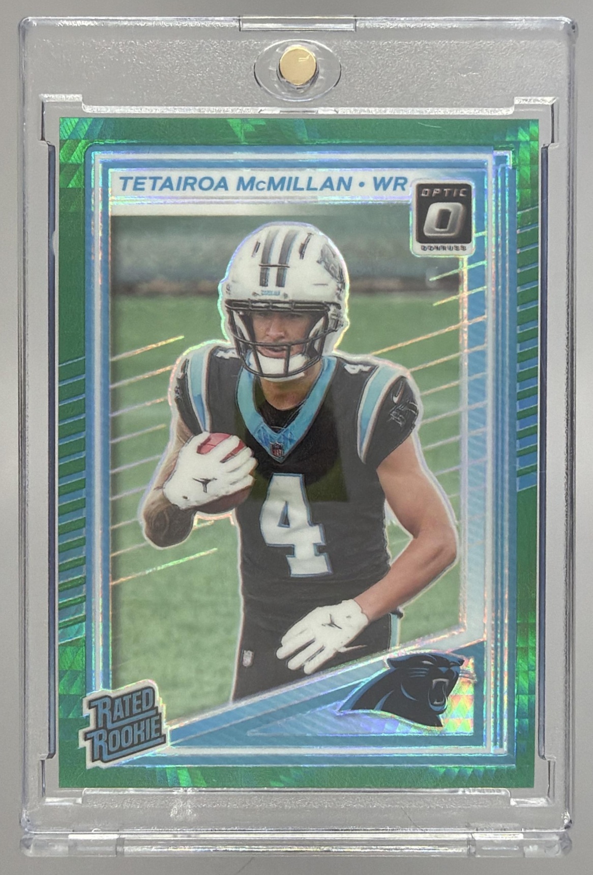 Card image for 2025 Panini Donruss Optic Tetairoa McMillan Rated Rookie Green Hyper Prizm #209 Panthers