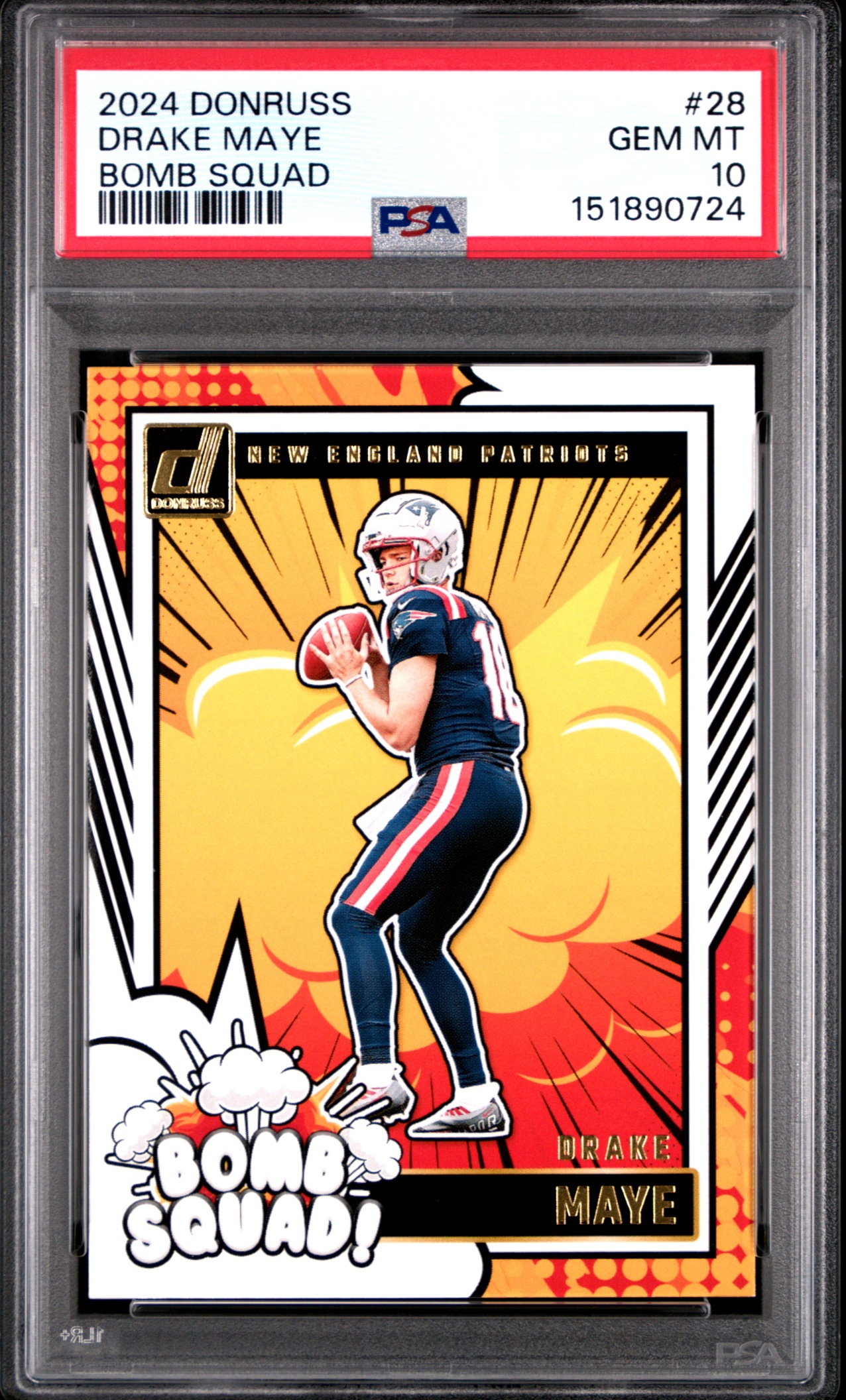 Card image for 2024 Panini Football Donruss Drake Maye Bomb Squad #28 RC New England Patriots