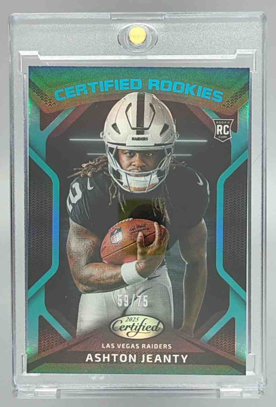 Card image for 2025 Panini Certified Ashton Jeanty Rookies Mirror Teal /75 #CRK-AJY Raiders