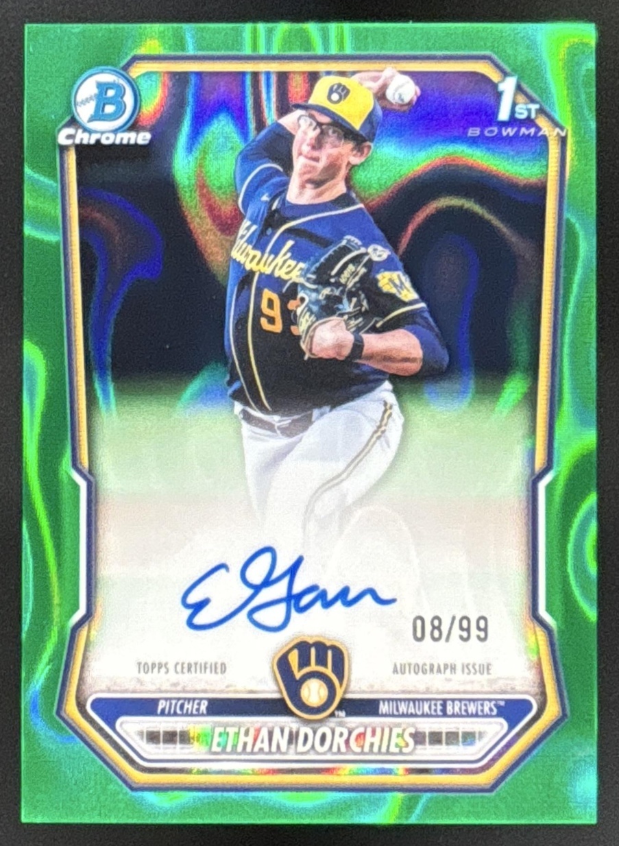Card image for 2026 Bowman Ethan Dorchies Chrome Auto Green Lava Refractor /99 1st Prospect
