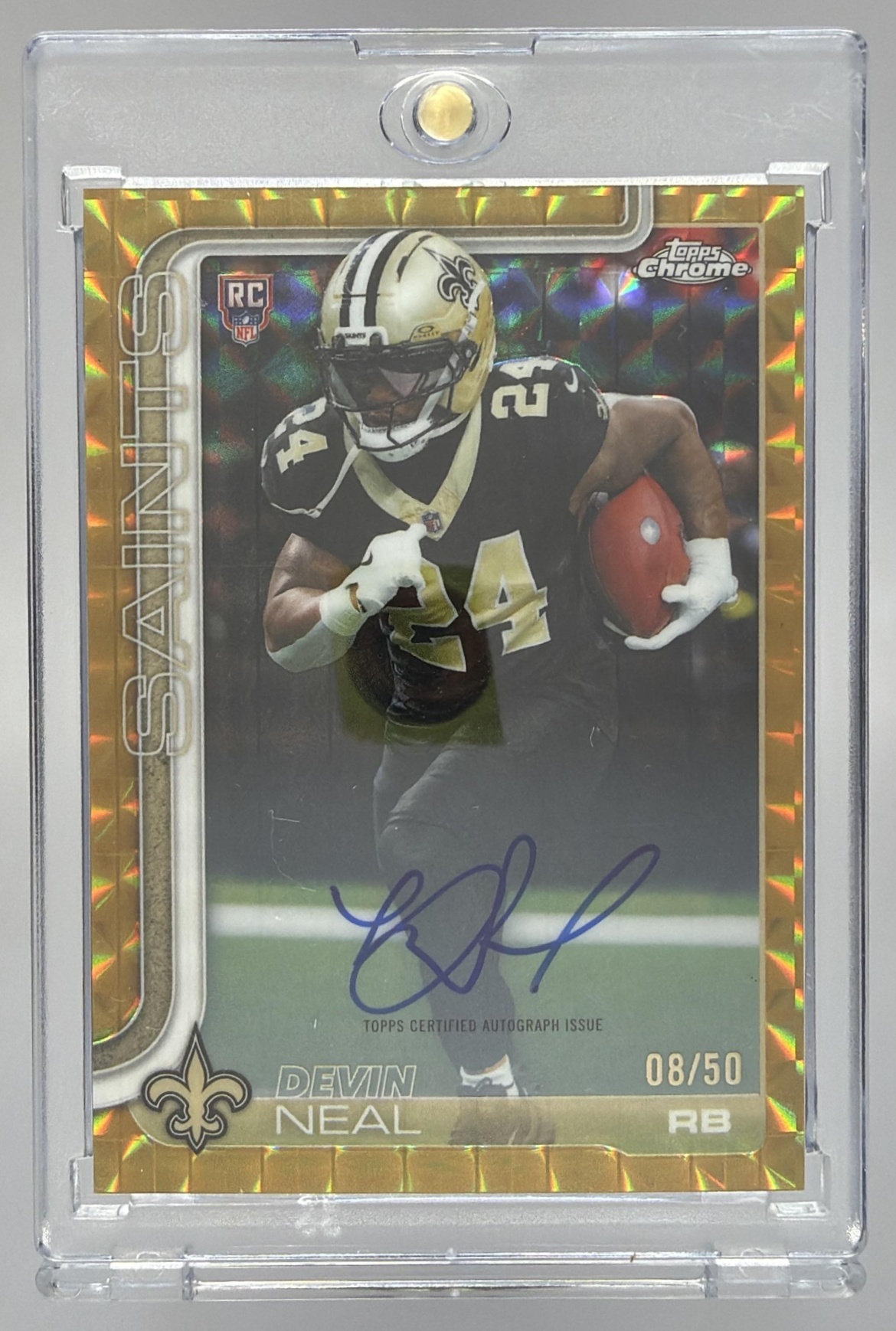 Card image for 2025 Topps Chrome Devin Neal Rookie Auto Gold Geometric Refractor /50 #RA-DN RC Saints