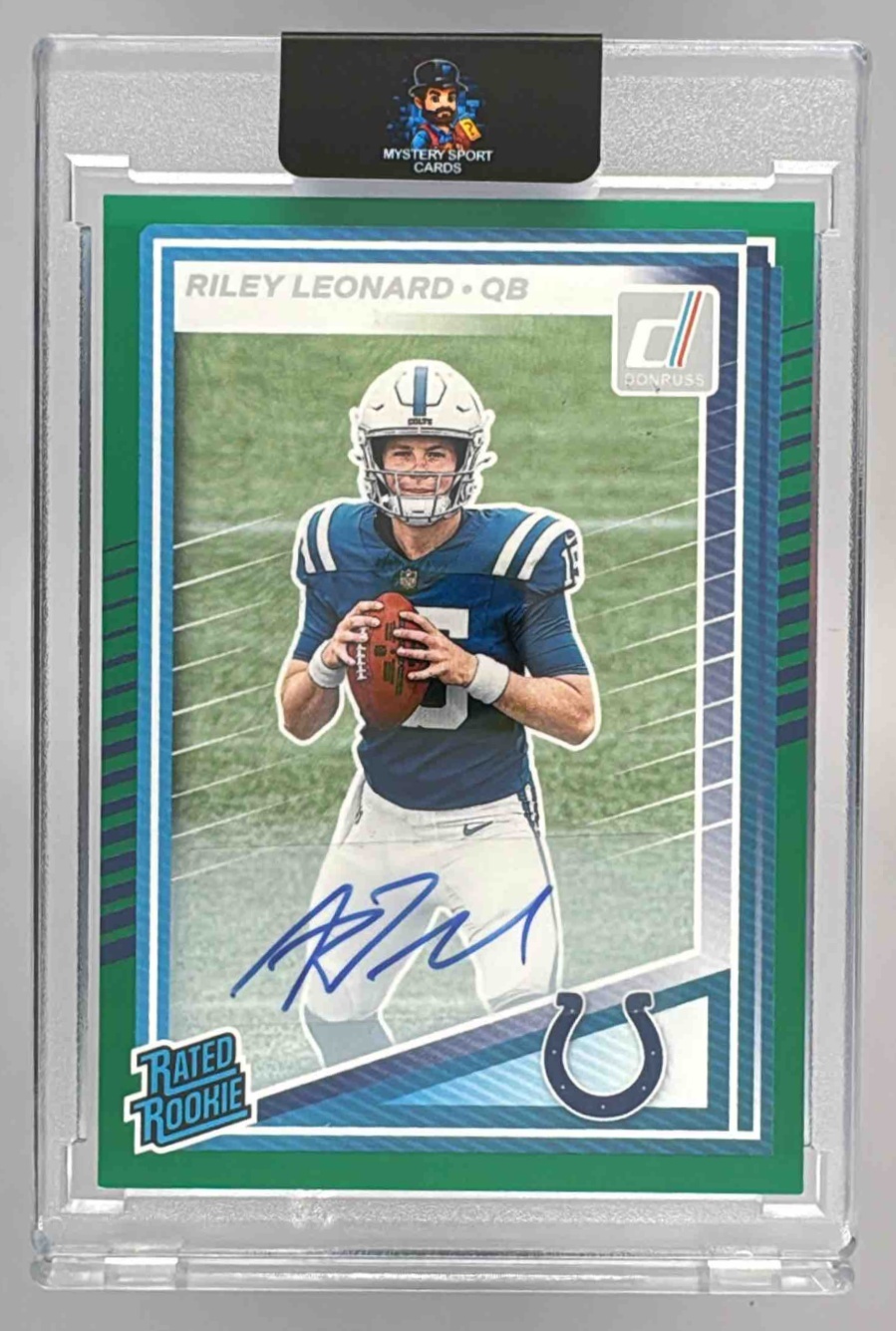 Card image for 2025 Panini Donruss Riley Leonard Rated Rookie Auto Green #341 RC Colts