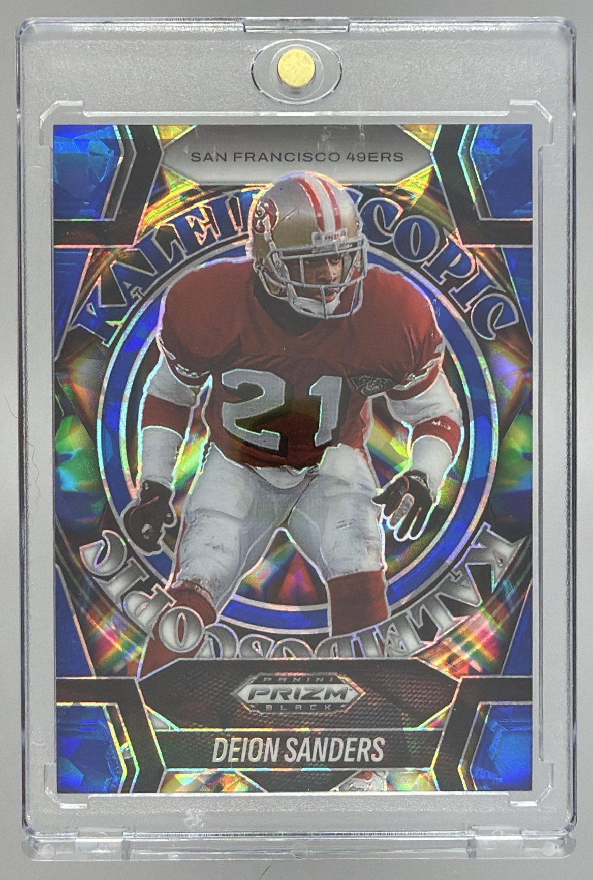 Card image for 2025 Panini Prizm Black Deion Sanders Kaleidoscopic Blue Ice /125 #2 49ers