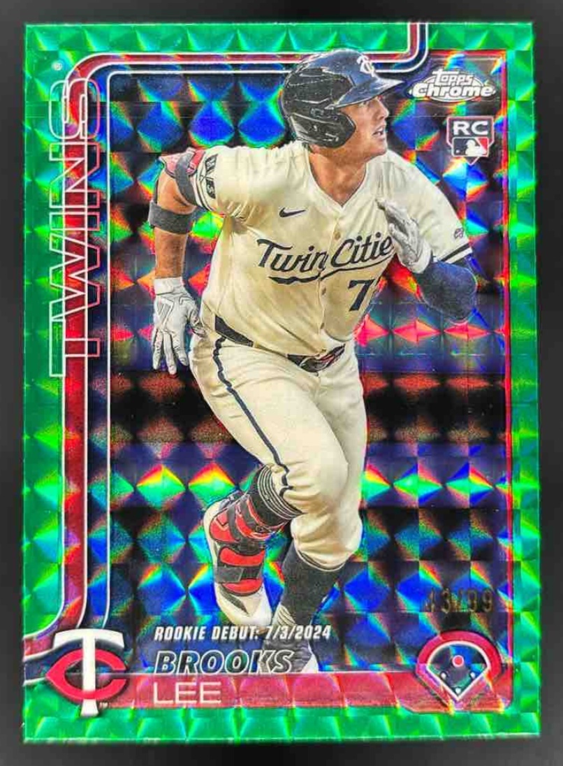Card image for 2025 Topps Chrome Update Brooks Lee Green Geometric Refractor /99 #USC6 RC Twins
