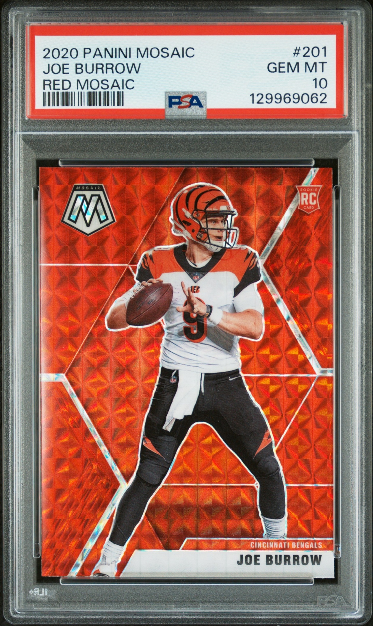 Card image for 2020 Panini Football Mosaic Joe Burrow Red Mosaic Prizm #201 RC Cincinnati Bengals PSA 10