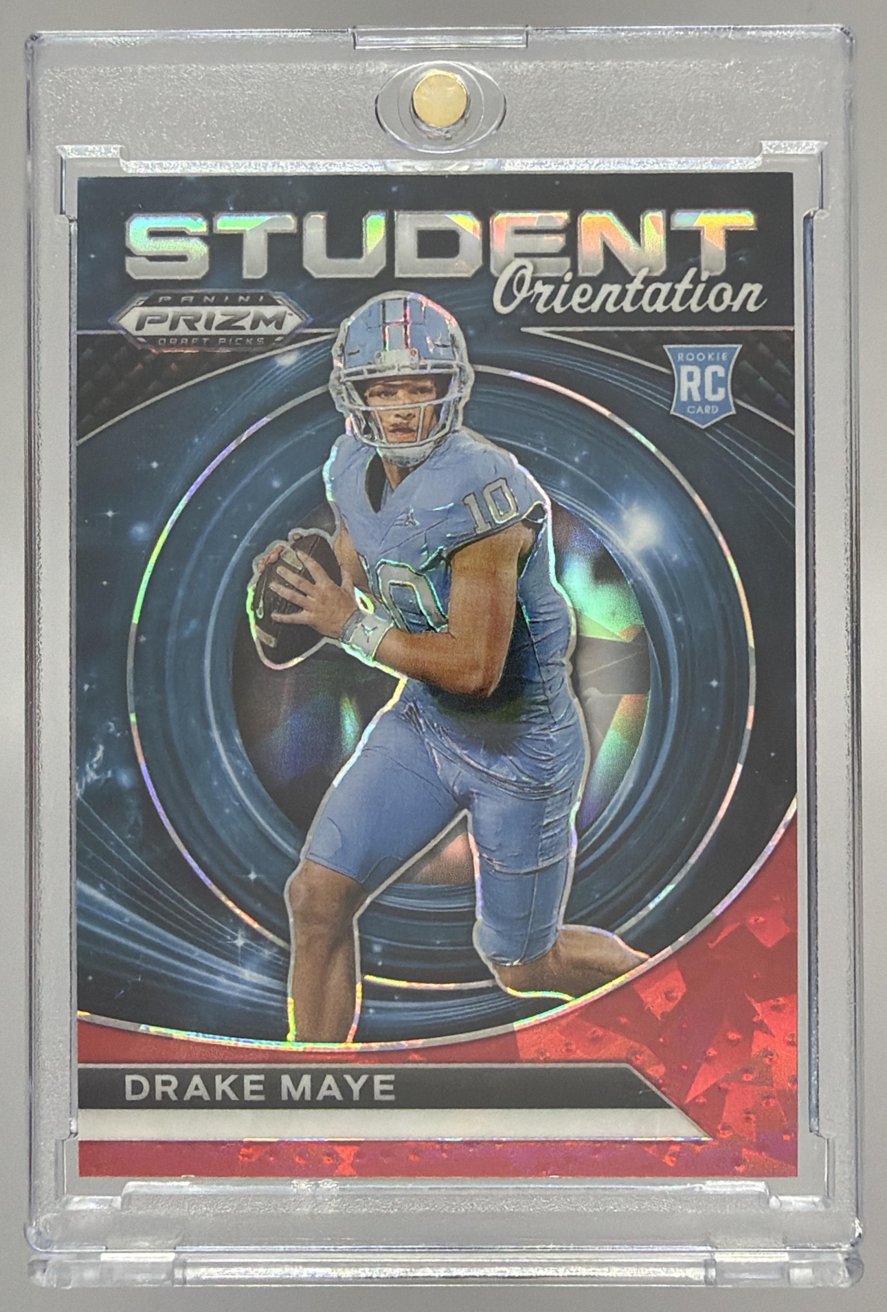 Card image for 2024 Panini Prizm Collegiate Draft Picks Drake Maye Student Orientation Red Ice #SO-DM RC Tar Heels