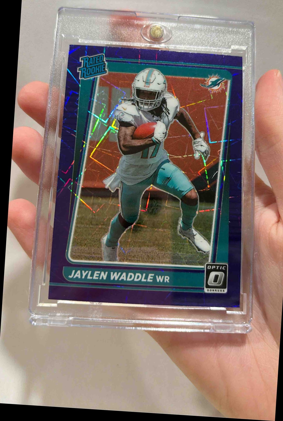 Card image for 2021 Panini Donruss Optic Jaylen Waddle Blue Scope #208 RC Rated Rookie Dolphins