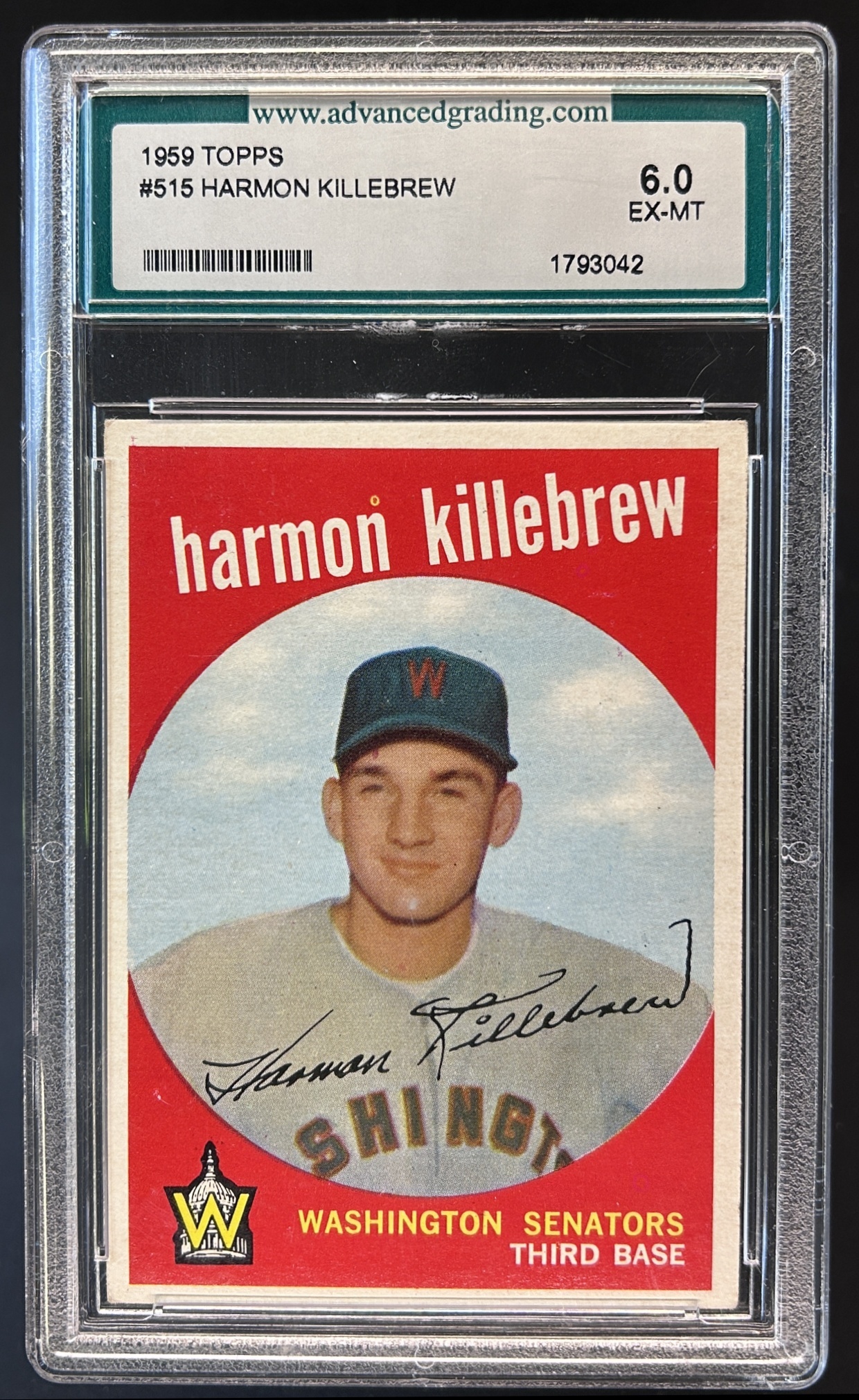Card image for 1959 TOPPS HARMON KILLEBREW #515 AGS 6 EX/MT SHARP CLEAN HIGH # WASHINGTON SENATORS