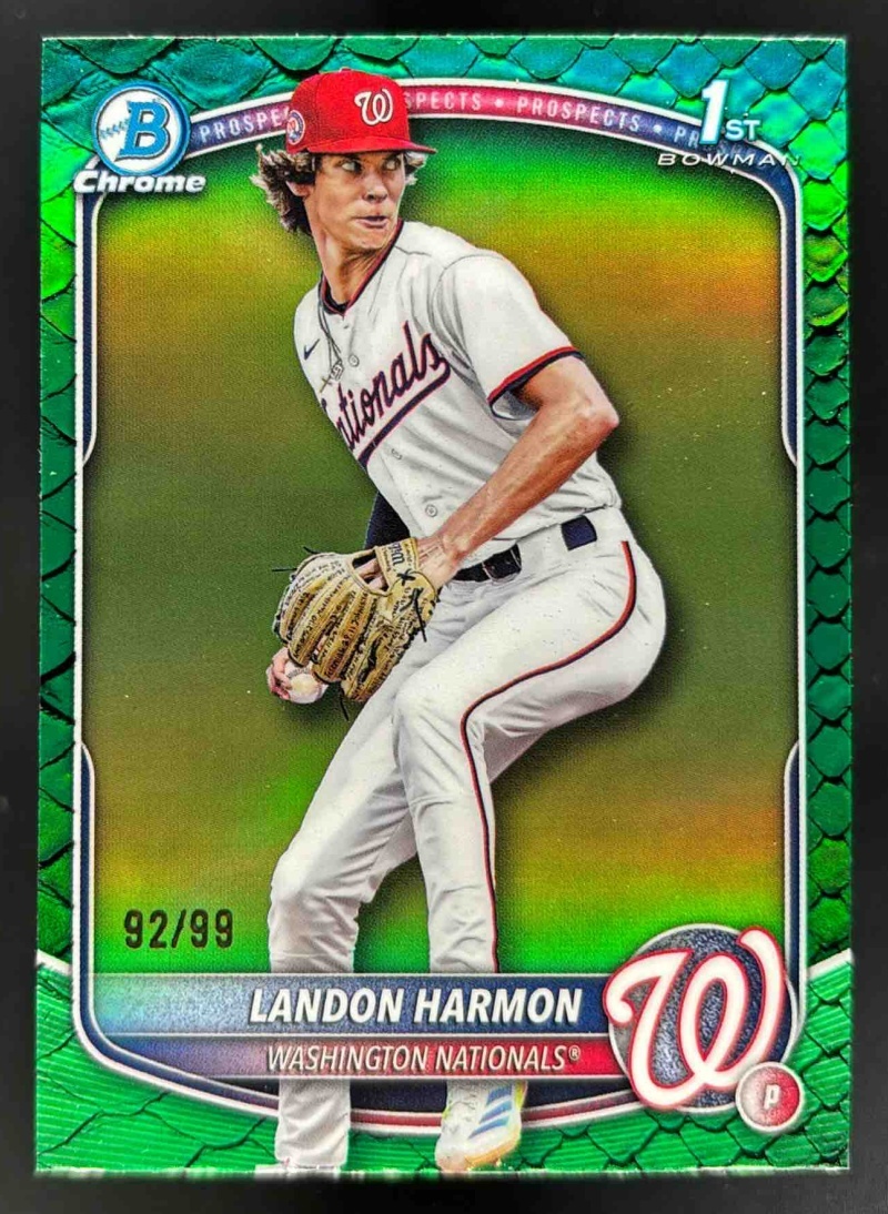 Card image for 2025 Bowman Draft Landon Harmon Chrome Green Reptilian Refractor /99 1st Prospect