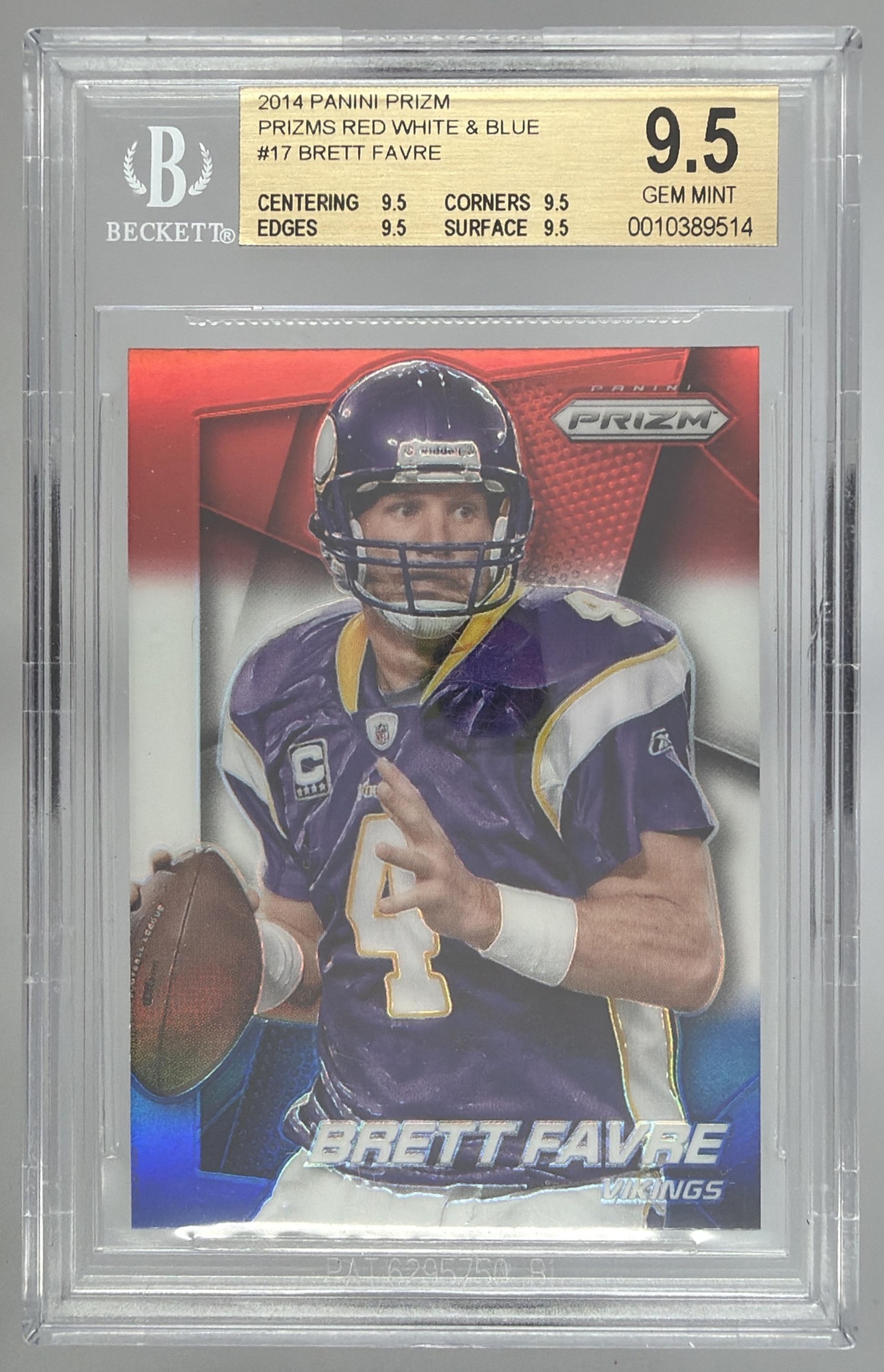 Card image for 2014 Panini Football Prizm Brett Favre Red White And Blue #17 Minnesota Vikings