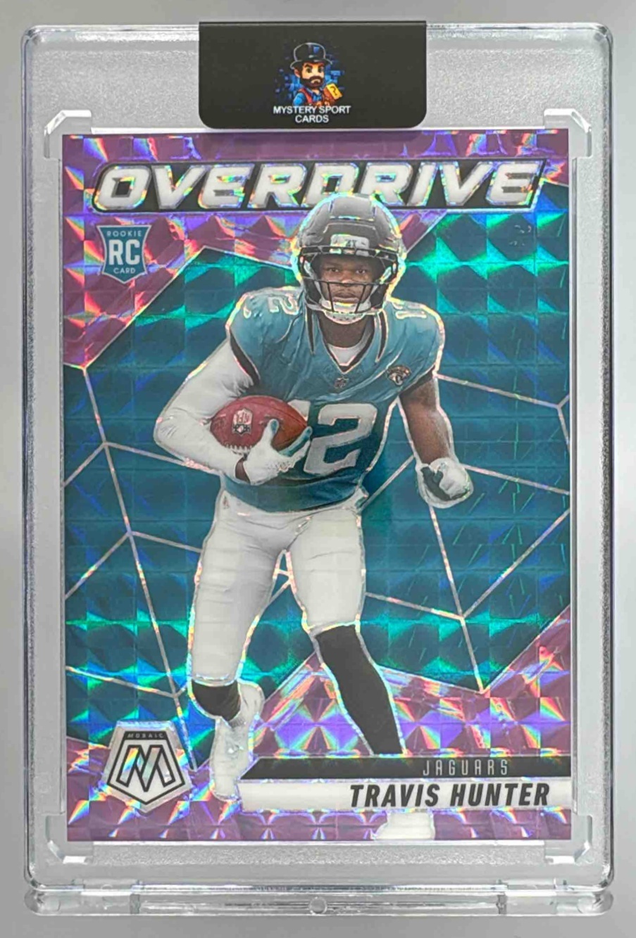 Card image for 2025 Panini Mosaic Travis Hunter Overdrive Purple Prizm /49 #1 RC Jaguars