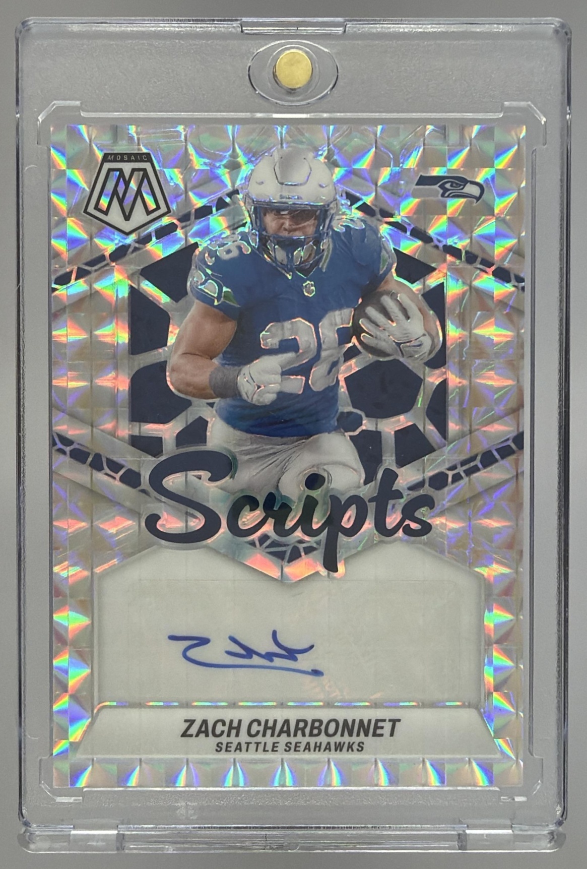 Card image for 2024 Panini Mosaic Zach Charbonnet Scripts Mosaic Prizm #SC-ZCH Auto Seahawks