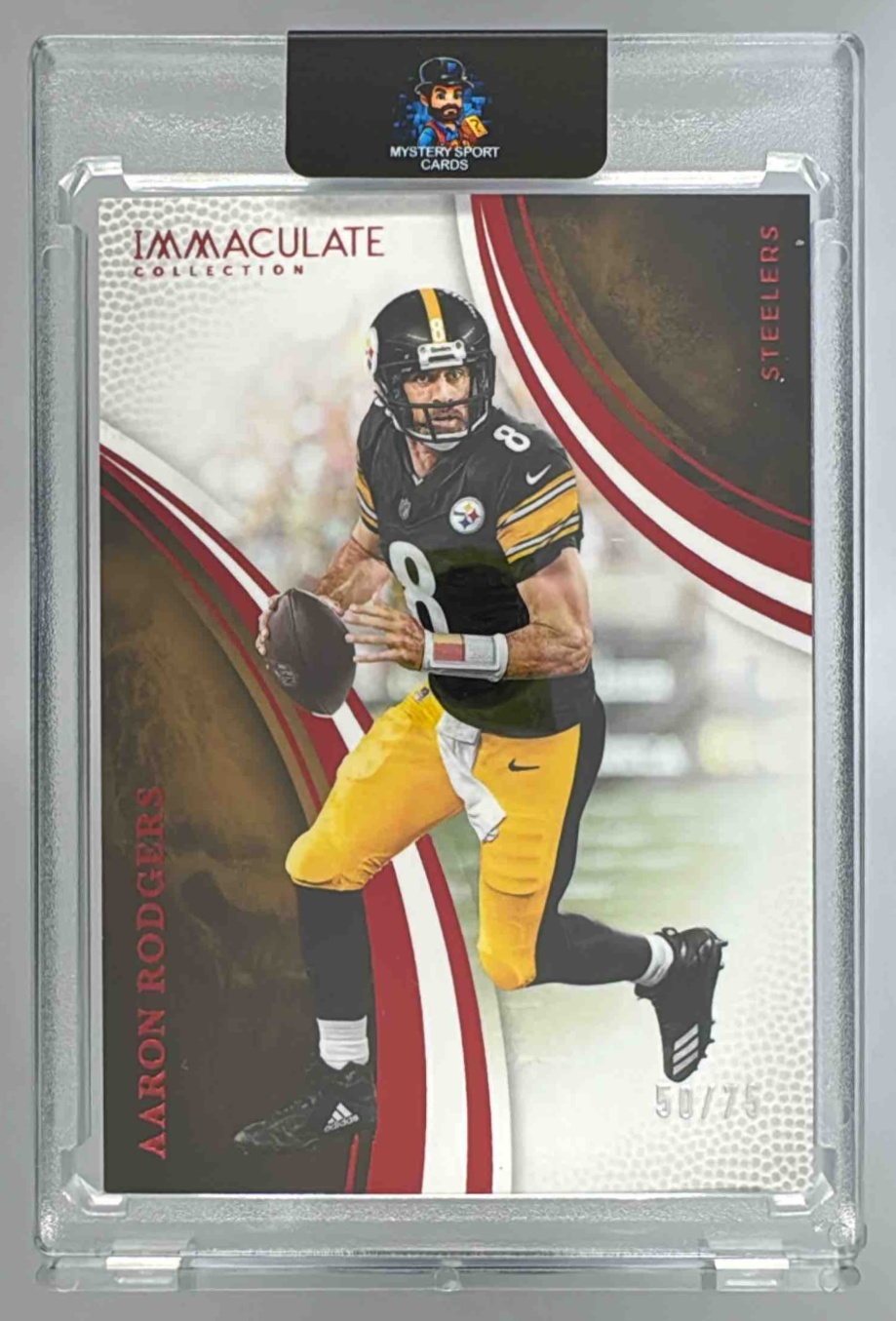 Card image for 2025 Panini Immaculate Collection Aaron Rodgers Red /75 #57 Action Variation Steelers
