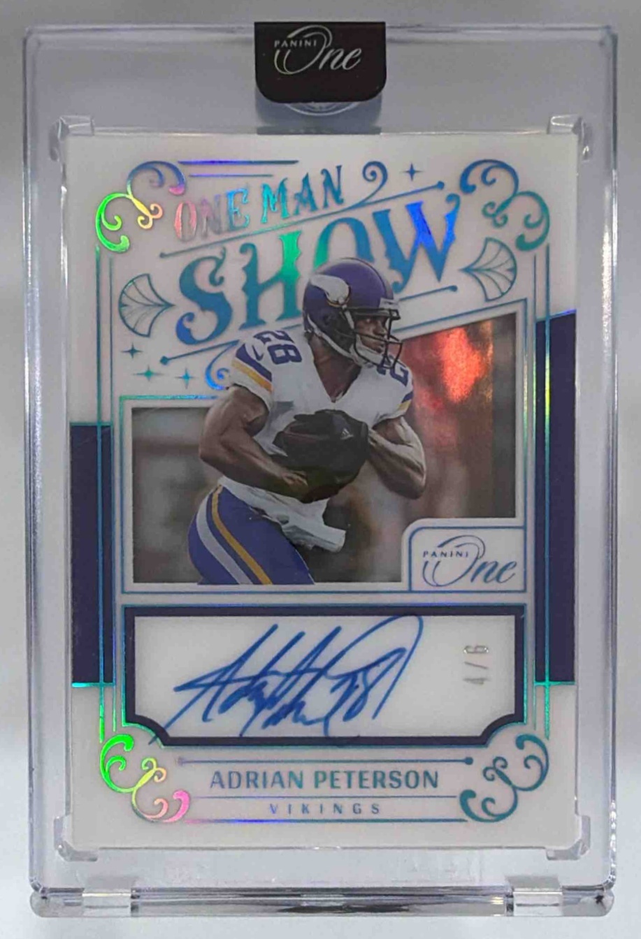 Card image for 2022 Panini One Adrian Peterson Blue /6 #163 Man Show Auto Vikings