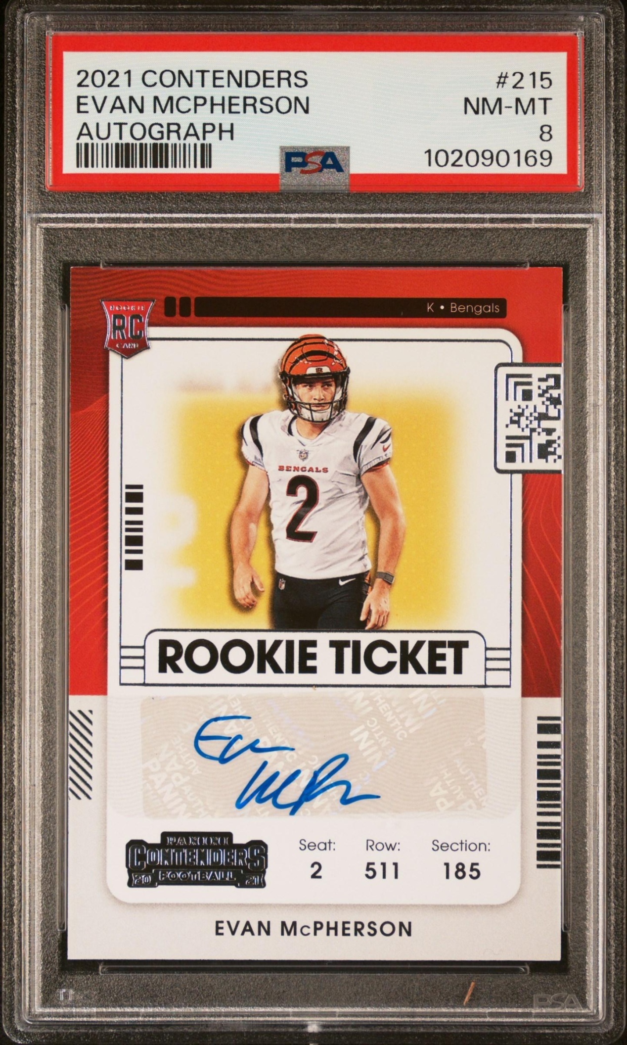 Card image for 2021 Panini Contenders Evan McPherson Printing Plates Magenta 1/1 #215 Auto RC Rookie Ticket Bengals