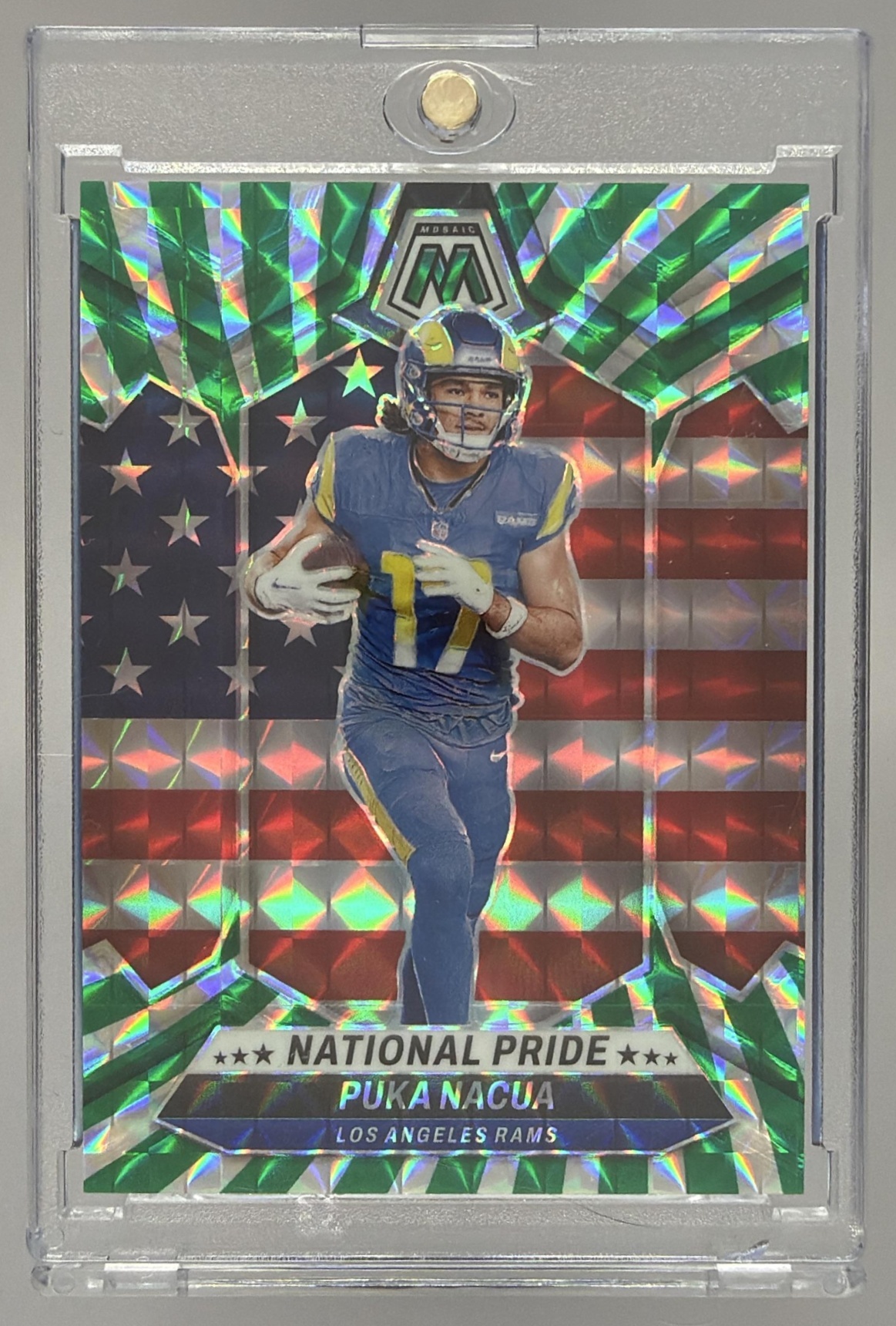 Card image for 2024 Panini Mosaic Puka Nacua Green Swirl Prizm /13 #264 National Pride Rams