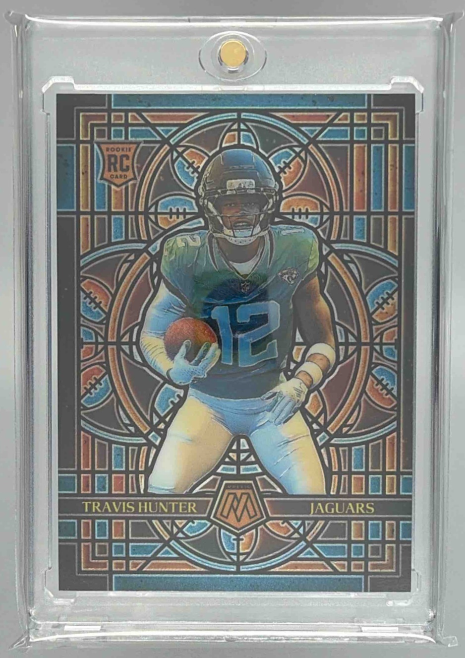 Card image for 2025 Panini Mosaic Travis Hunter Stained Glass #12 RC Jaguars