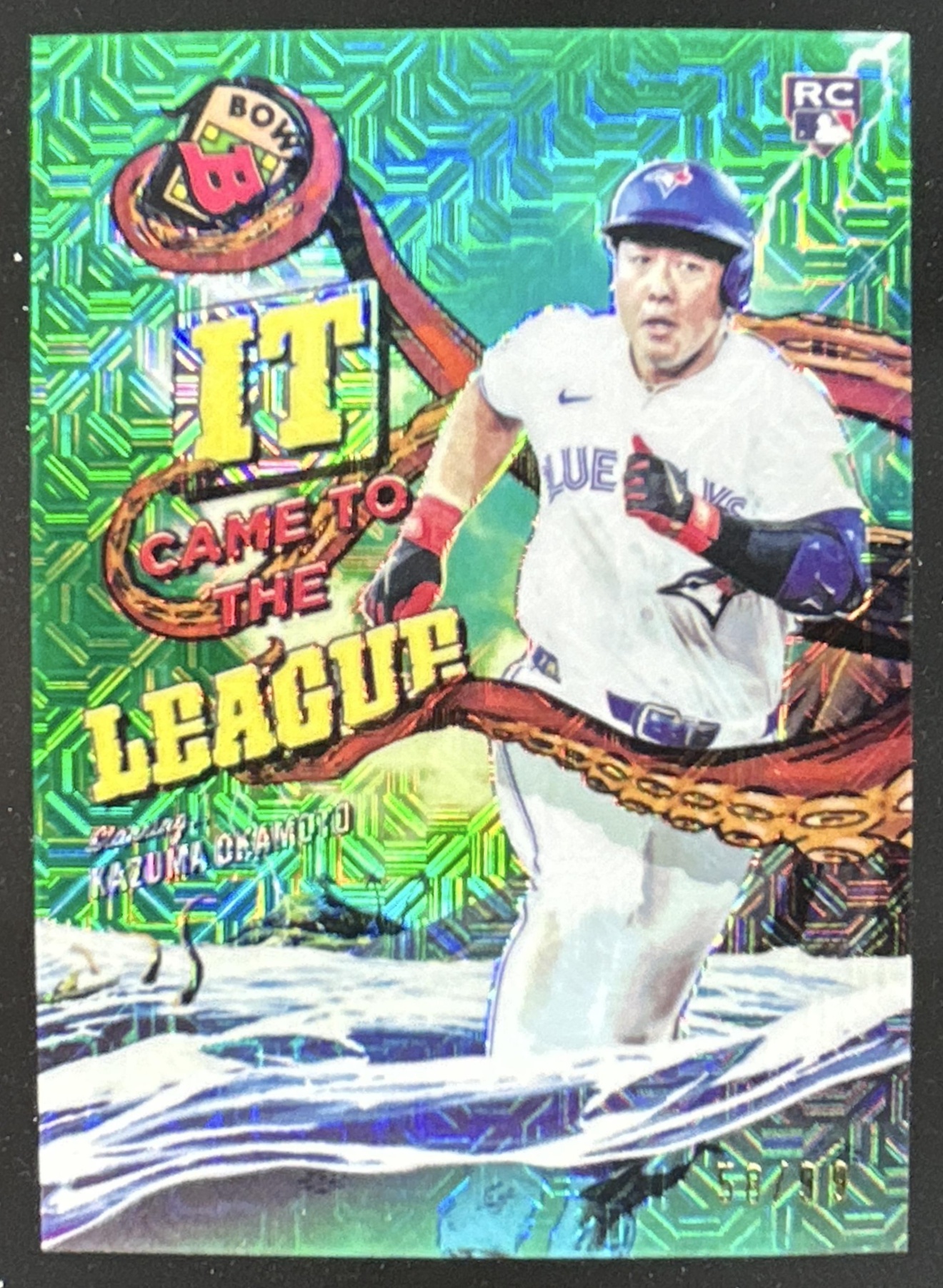 Card image for Kazuma Okamoto 2026 Bowman Chrome Mega Box It Came To The League Green Mojo Refractor /99