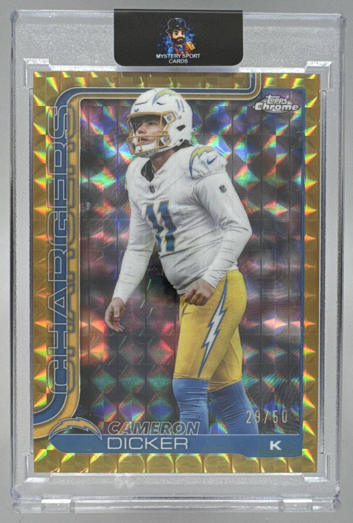 Card image for 2025 Topps Chrome Cameron Dicker Gold Geometric Refractor /50 #162 Chargers