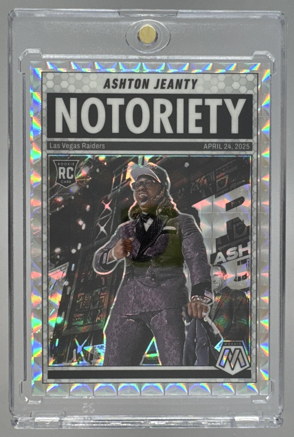 Card image for 2025 Panini Mosaic Ashton Jeanty Notoriety Mosaic Prizm #18 RC Raiders