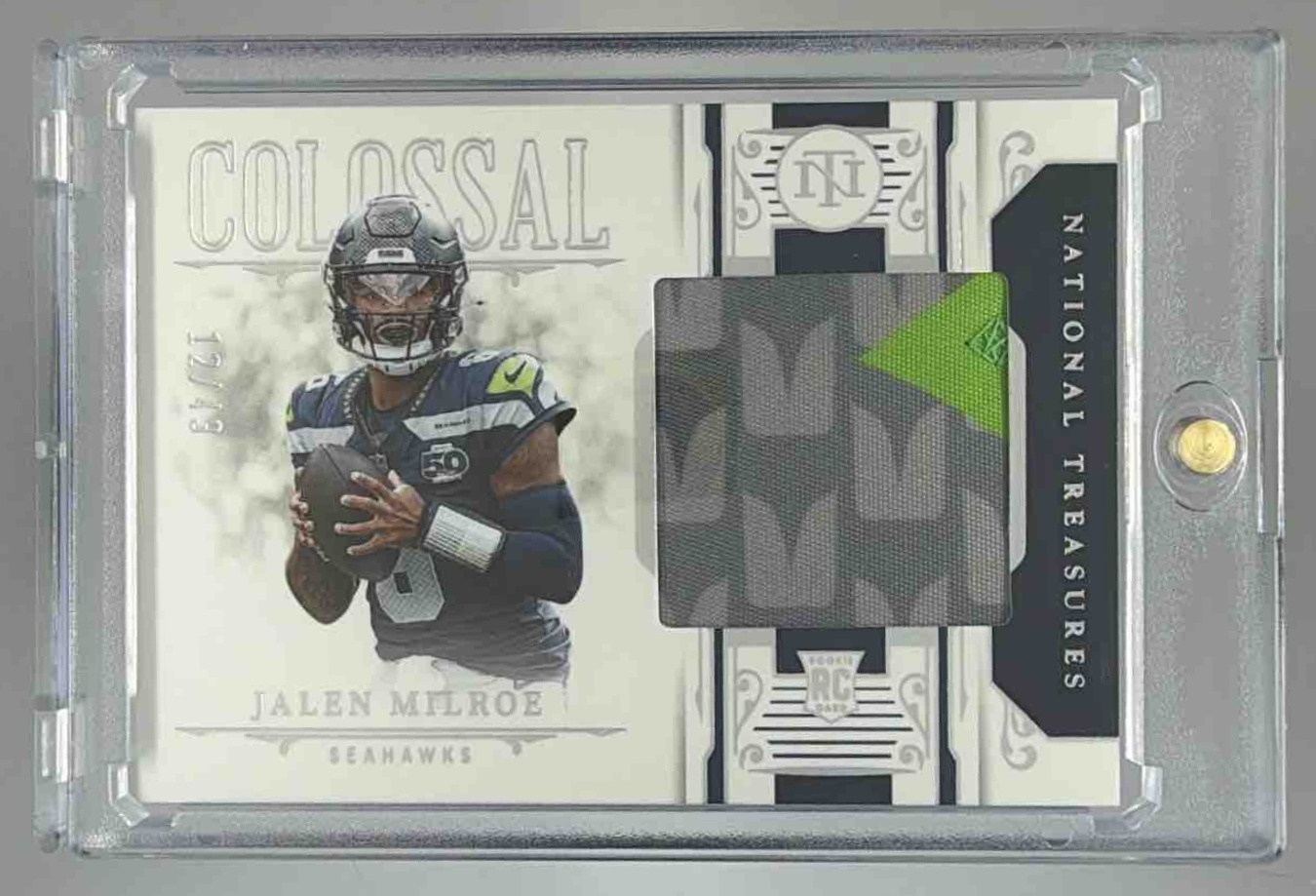 Card image for 2025 Panini National Treasures Jalen Milroe Colossal Materials /49 #CM-JME MEM RC Seahawks