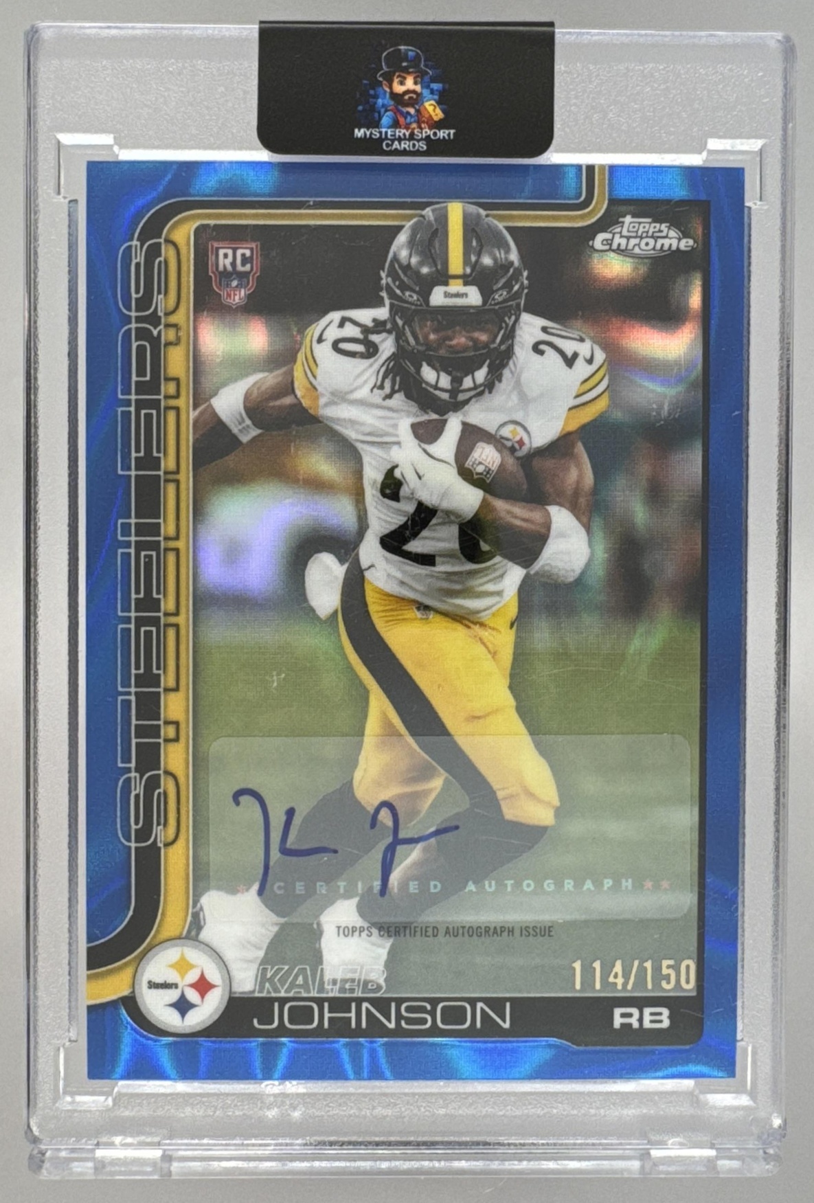 Card image for 2025 Topps Chrome Kaleb Johnson Rookie Auto Blue Lava Refractor /150 #RA-KJ RC Steelers