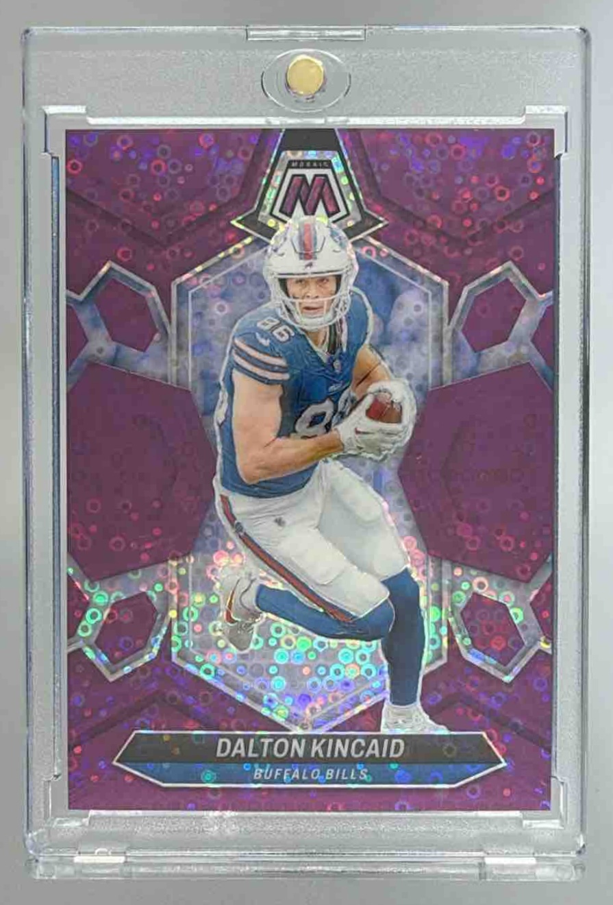 Card image for 2024 Panini Mosaic Dalton Kincaid No Huddle Purple Prizm /50 #25 Bills