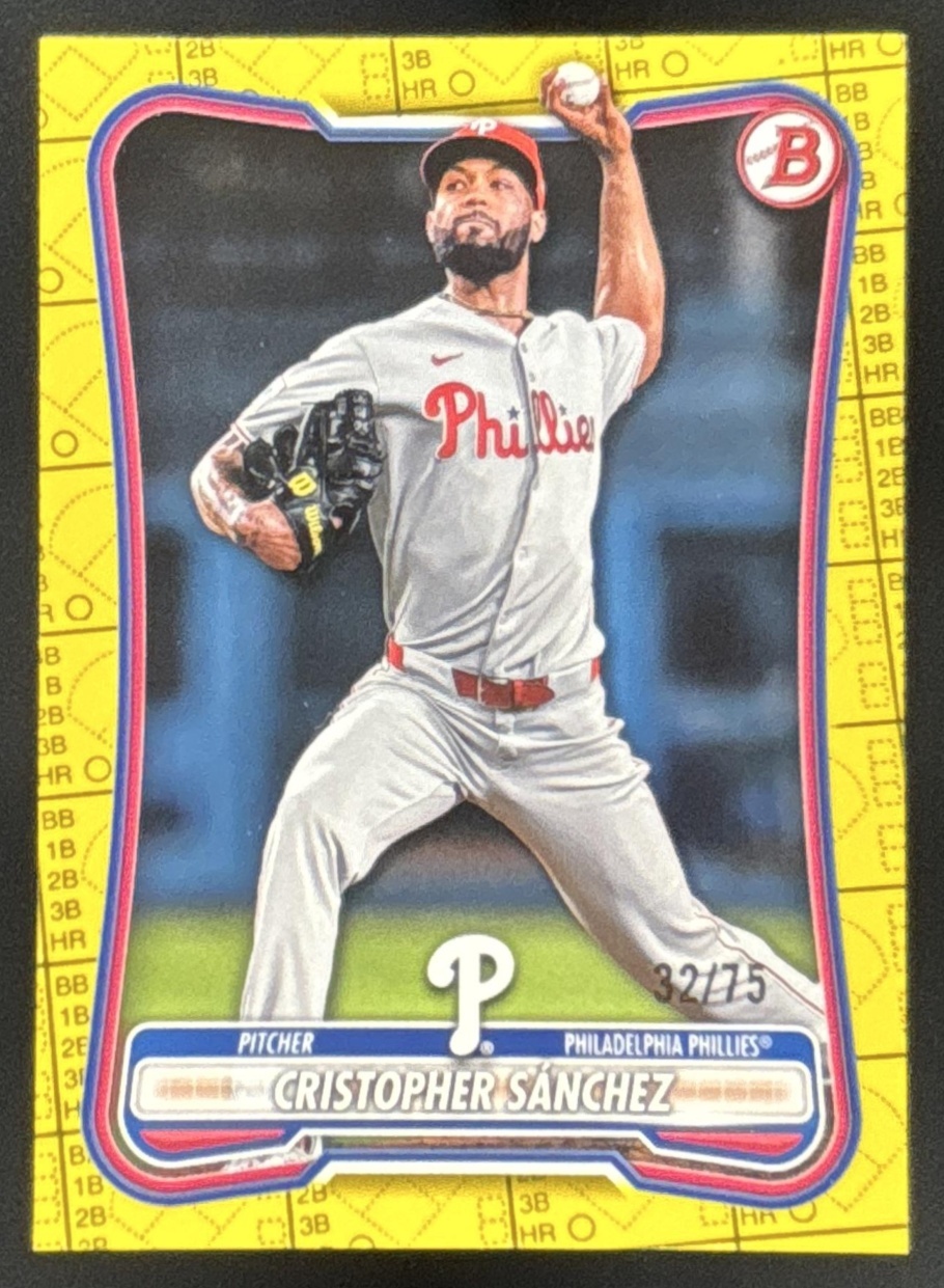 Card image for Cristopher Sanchez 2026 Bowman Yellow Pattern /75 Philadelphia Phillies