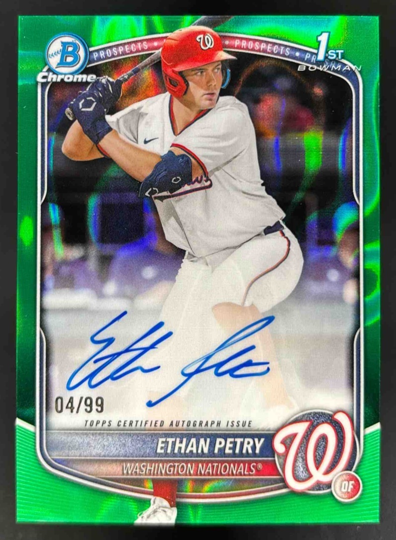 Card image for 2025 Bowman Draft Ethan Petry Chrome Auto Green Lava Refractor /99 1st Prospect